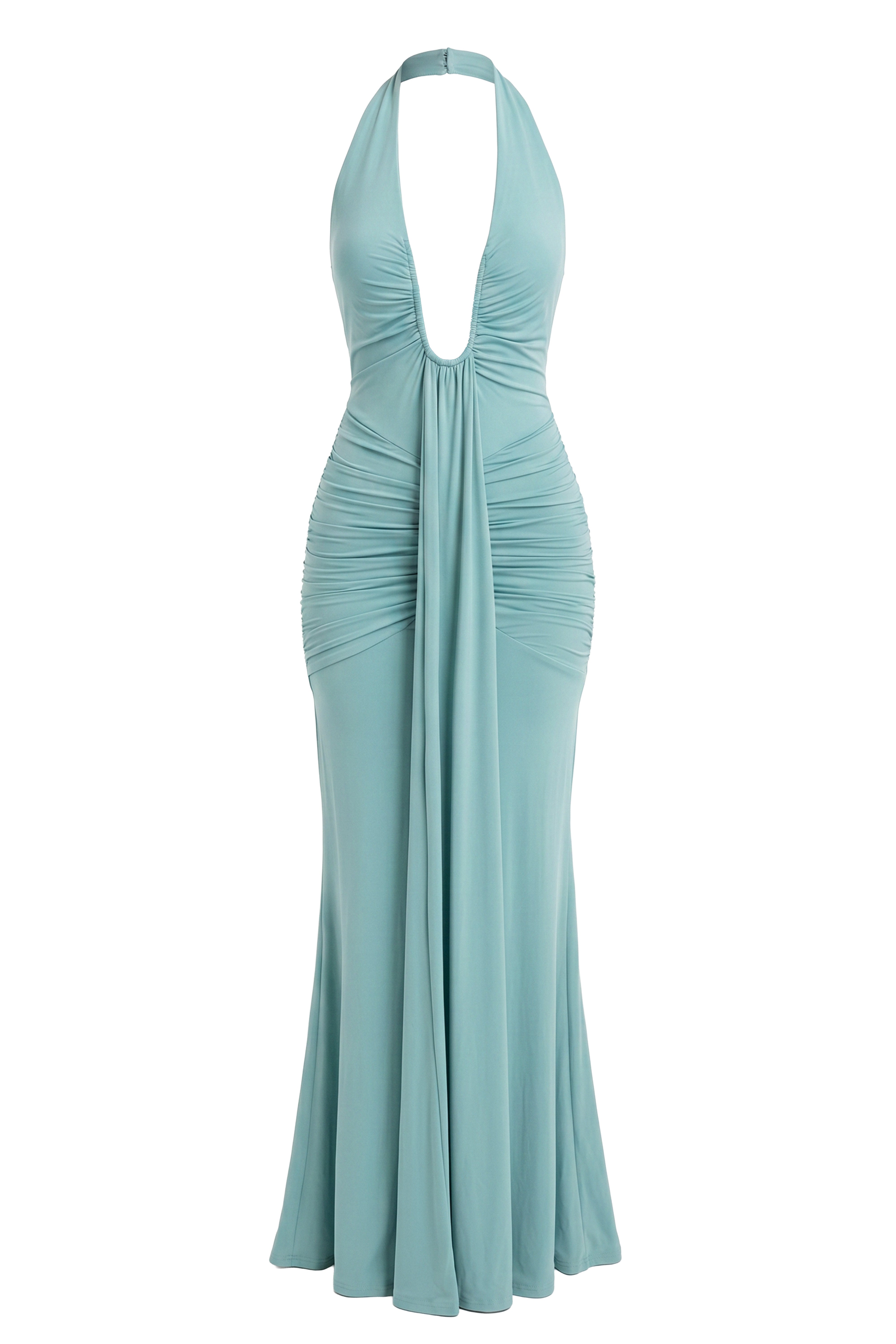 Blue Ocean Oasis Plunge Maxi Dress by JLUXLABEL, flowing fabric with a deep V-neck and vibrant blue ocean-inspired design.