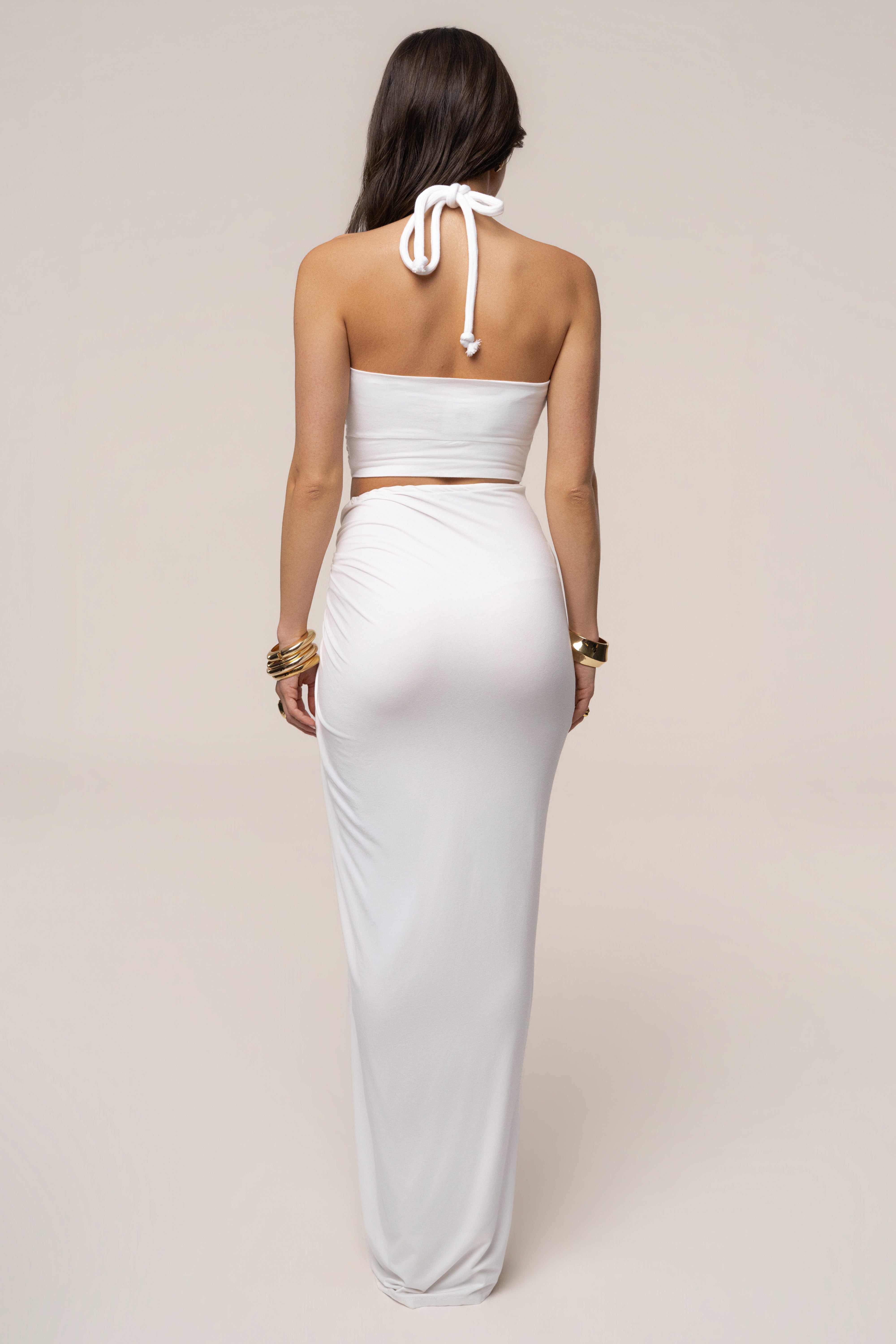 White Island Drape Maxi Skirt by JLUXLABEL featuring flowy fabric and elegant drape design, perfect for stylish summer wear.