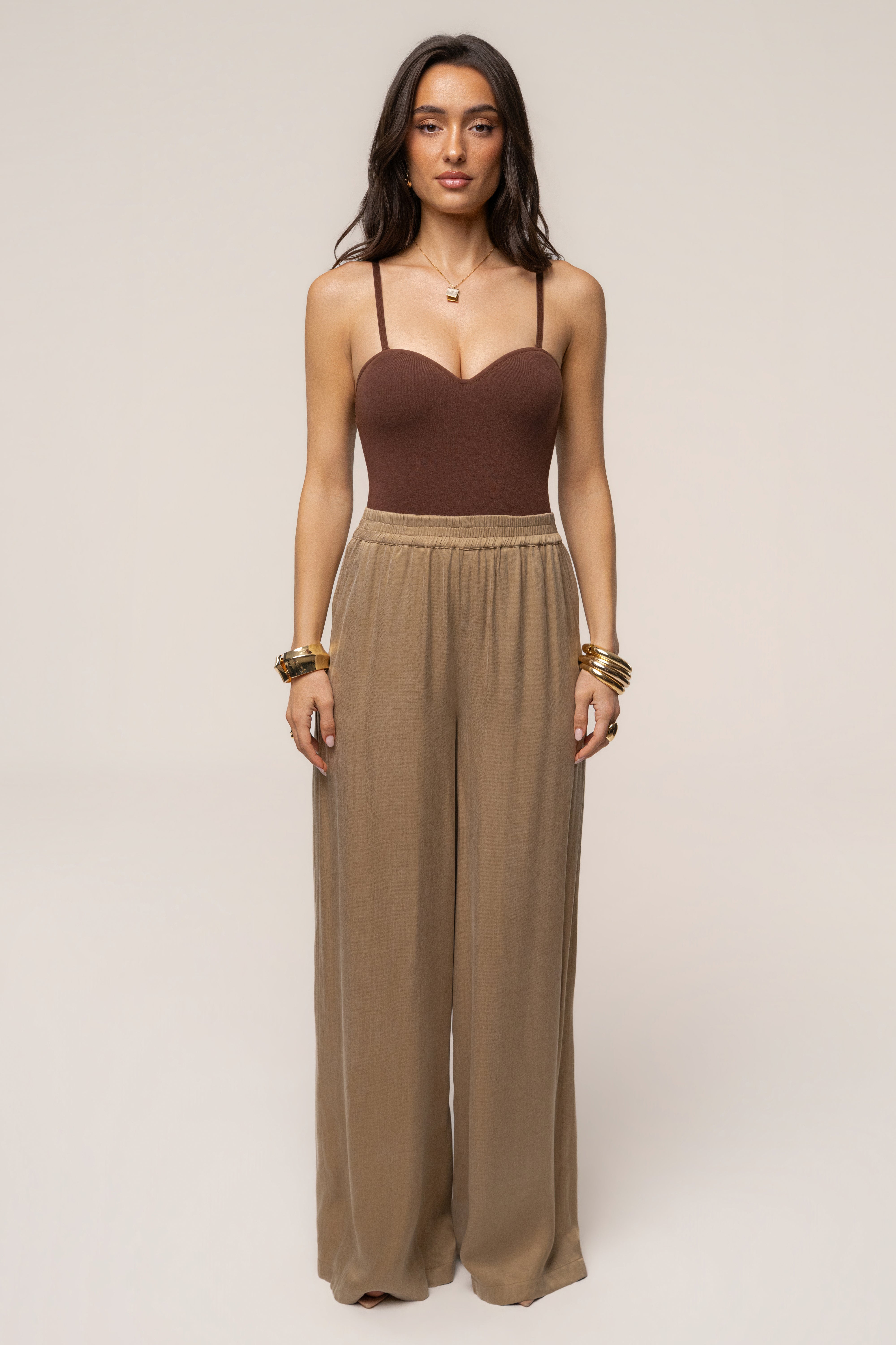 Chocolate JLUXLABEL Sascha strapless bodysuit, a stylish tops piece featuring a sleek strapless design and fitted silhouette.