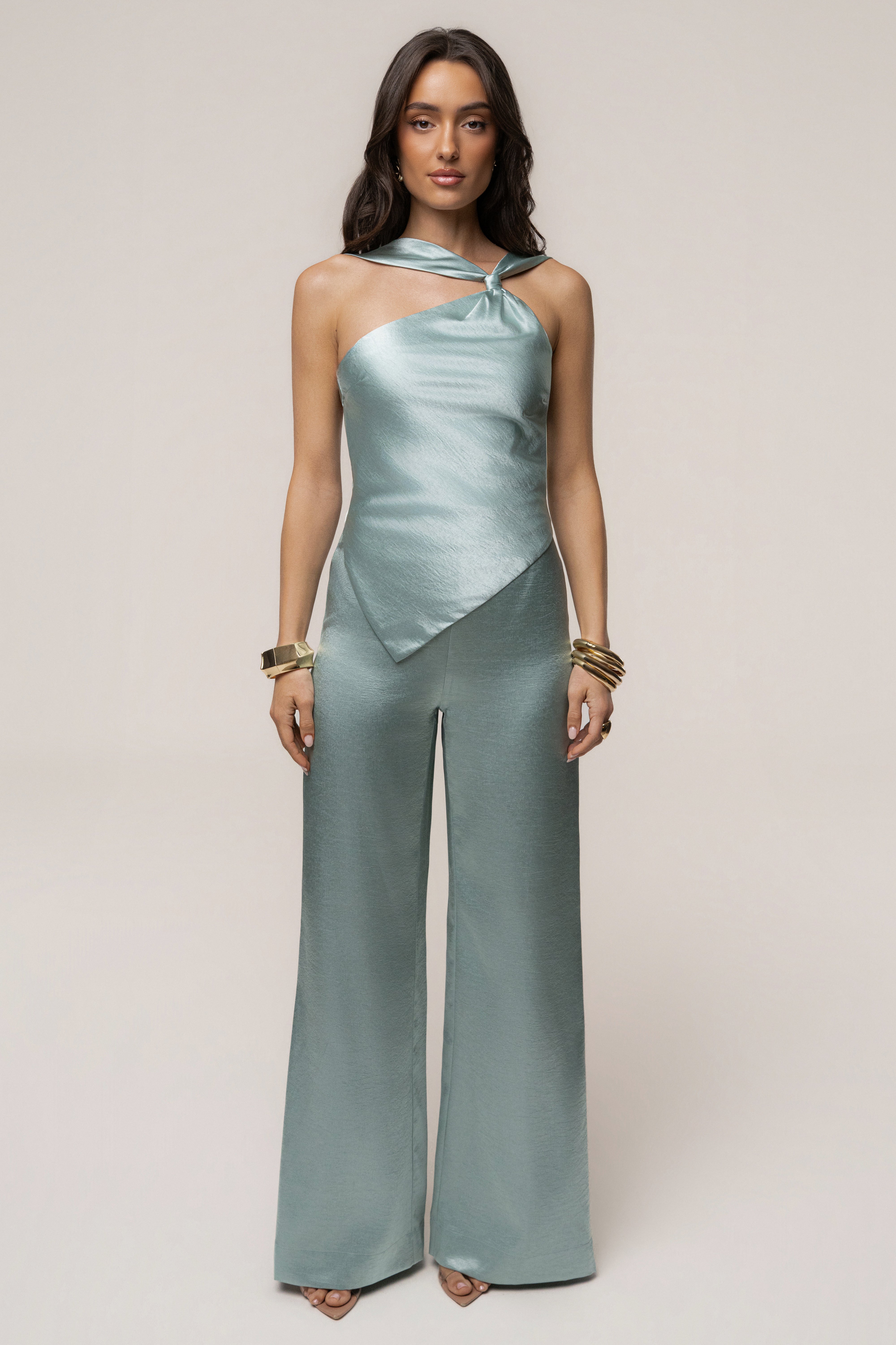 Teal JLUXLABEL Premiere one-shoulder jumpsuit with wide-leg pants, stylish and elegant for a modern fashion look.