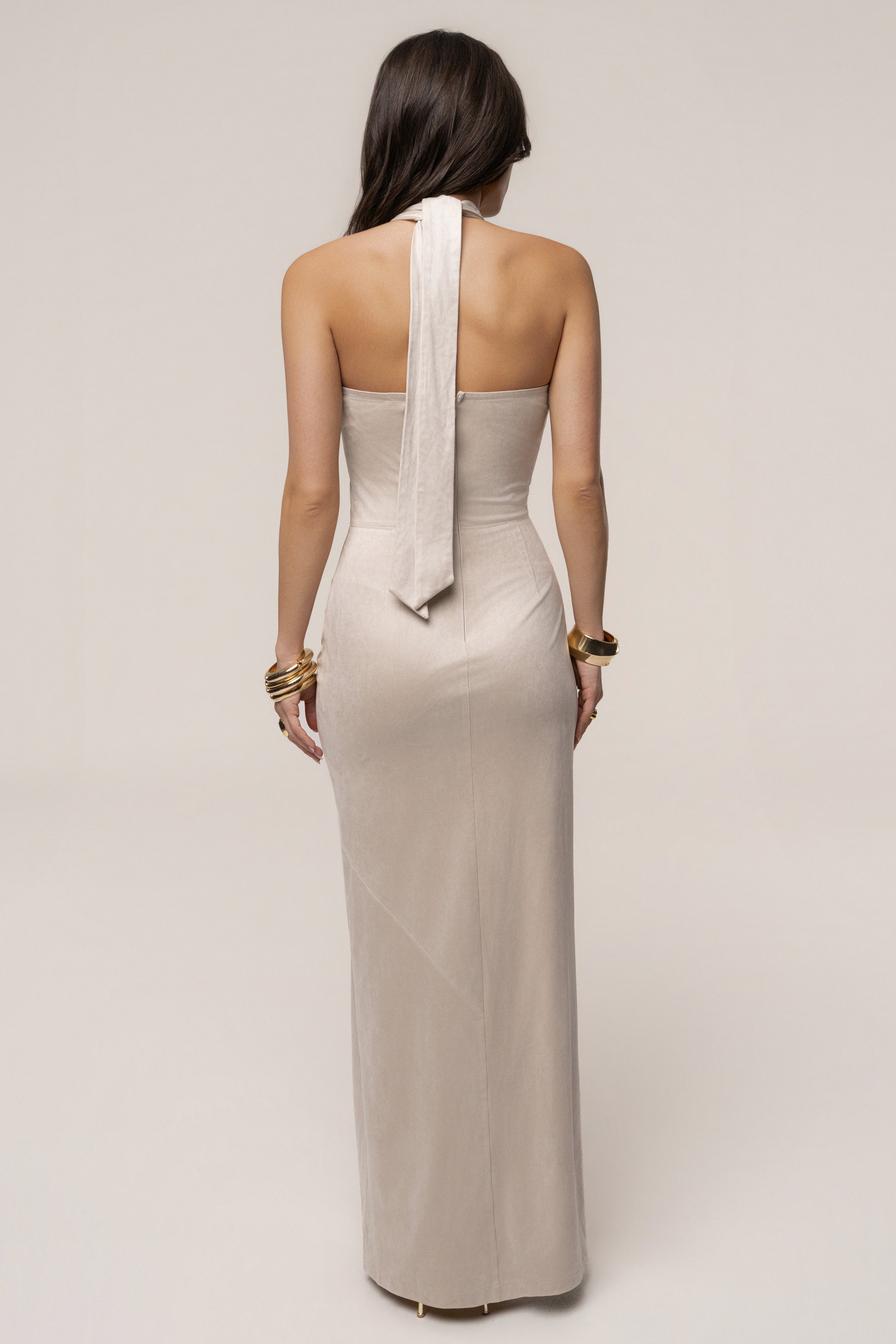 Beige Charlotte halter maxi dress by JLUXLABEL featuring a flowing silhouette and elegant design, perfect for summer occasions.