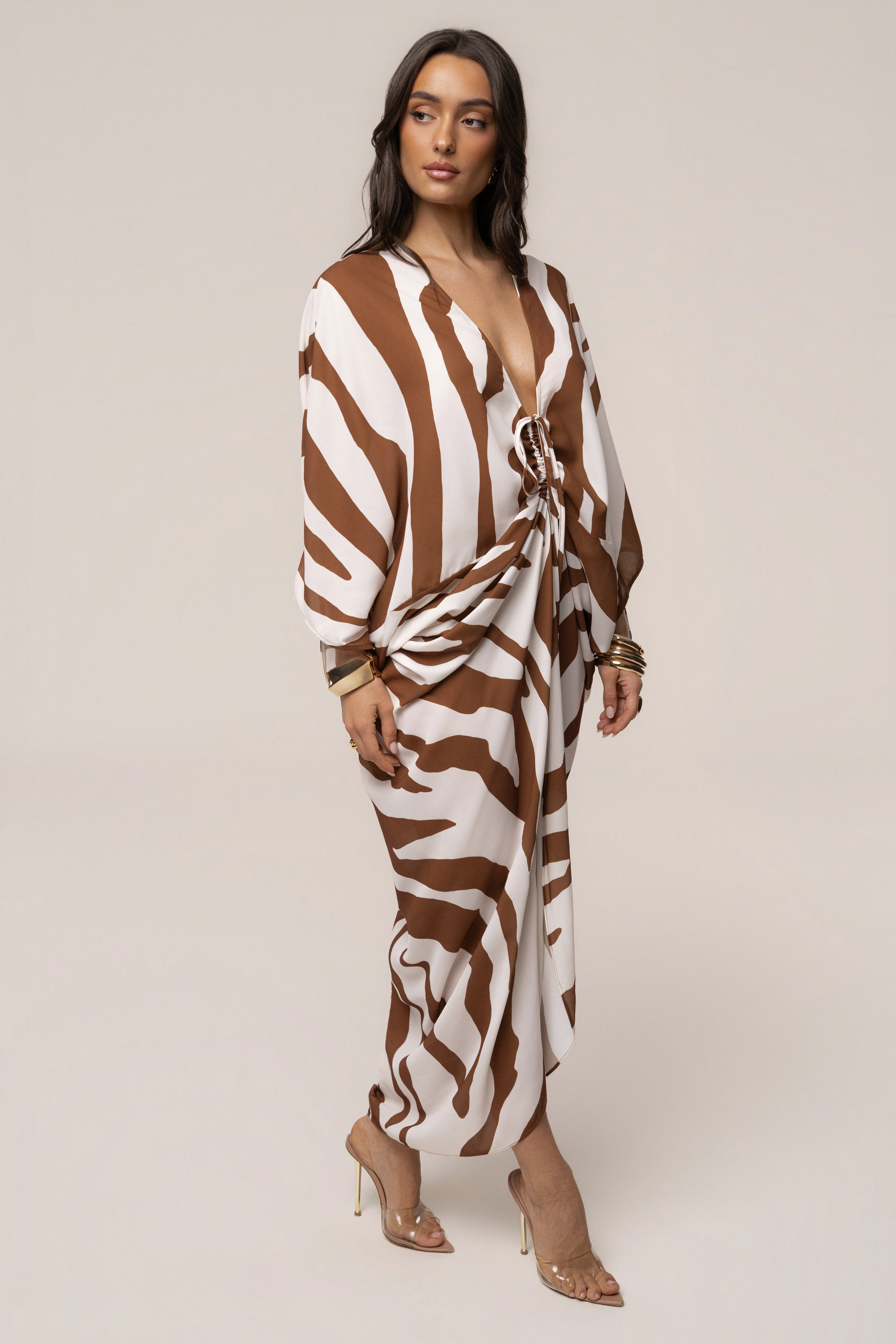 Brown Zebra Longer Days Cover Up Dress by JLUXLABEL, lightweight dress with zebra pattern, flowing fabric, and relaxed fit.