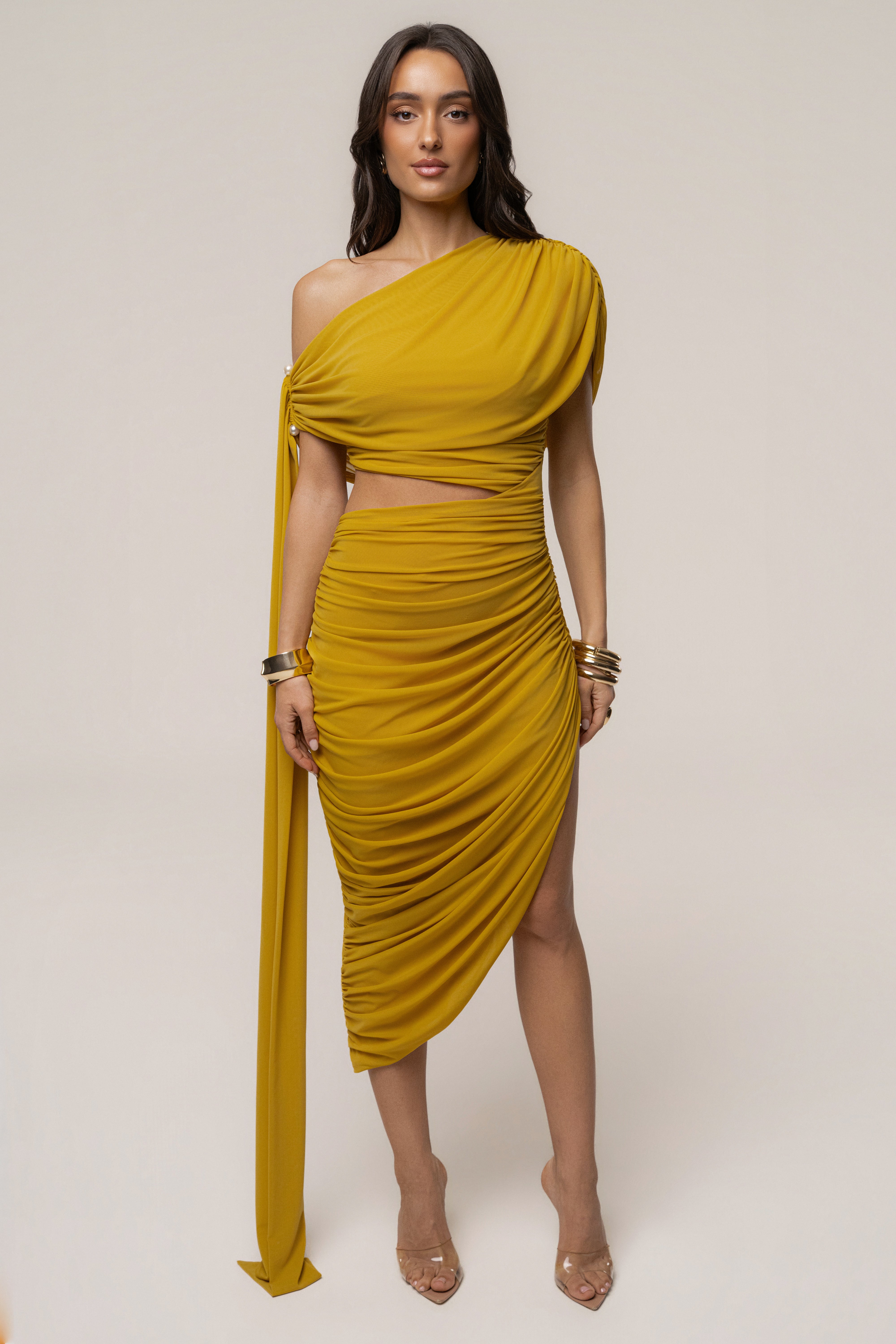 Mustard Aris cutout midi dress by JLUXLABEL, featuring stylish design and midi length, perfect for chic occasions.