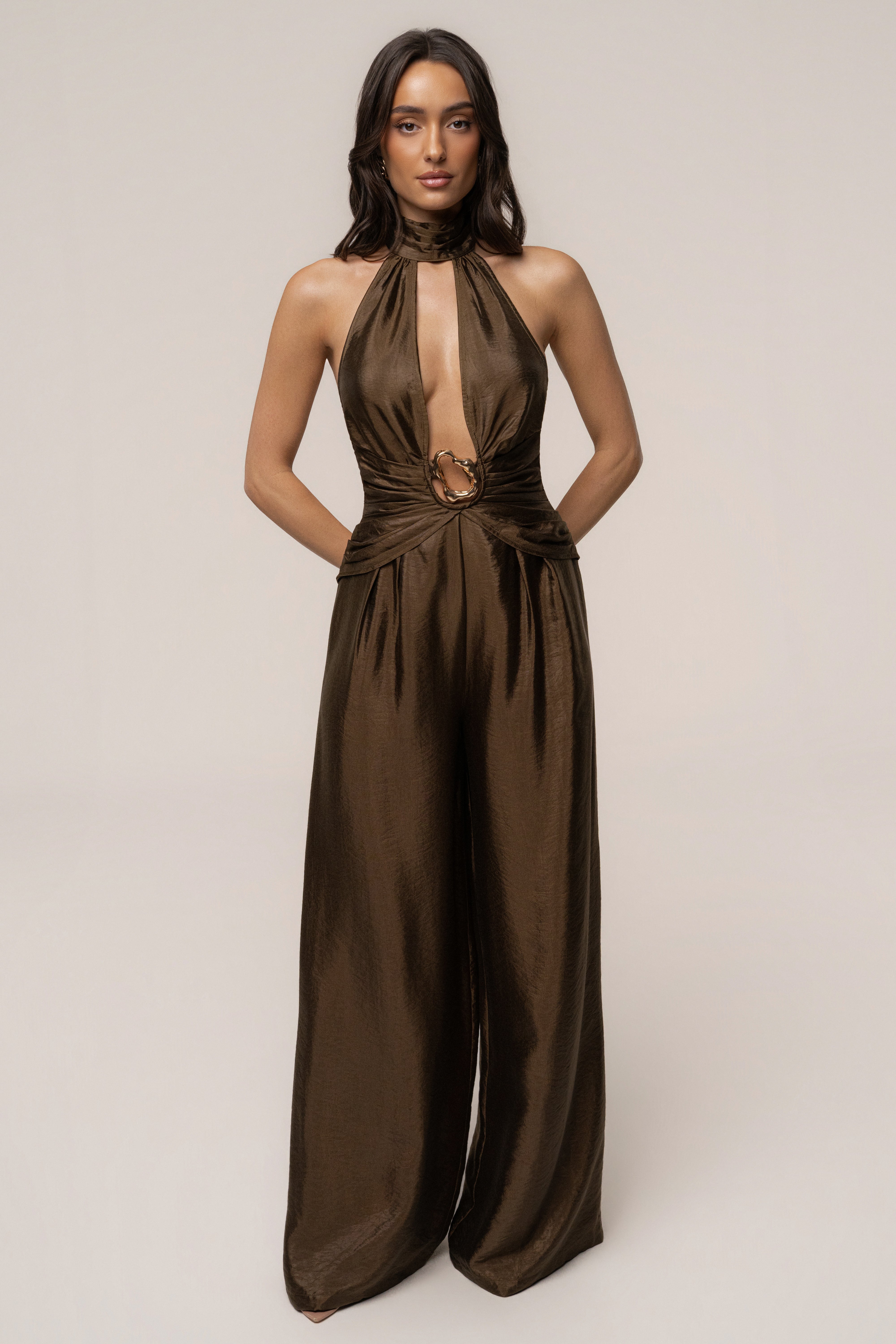 Olive green JLUXLABEL jumpsuit with wide legs and sleeveless design, perfect for casual or stylish occasions.