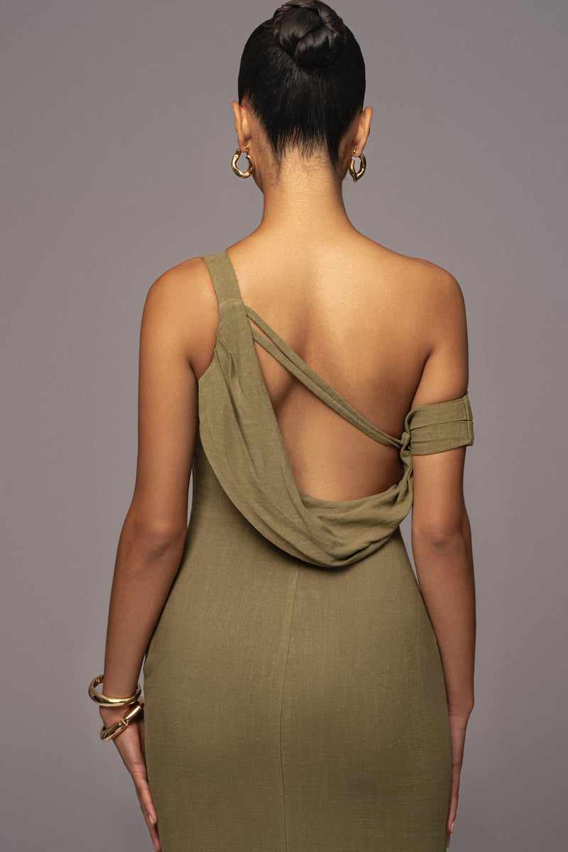 Olive Grey Linen Hidden Button Shirt Dress