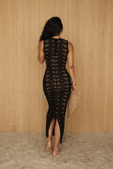 Black Mykonos Crochet Midi Dress - Crochet Collection - JLUXLABEL