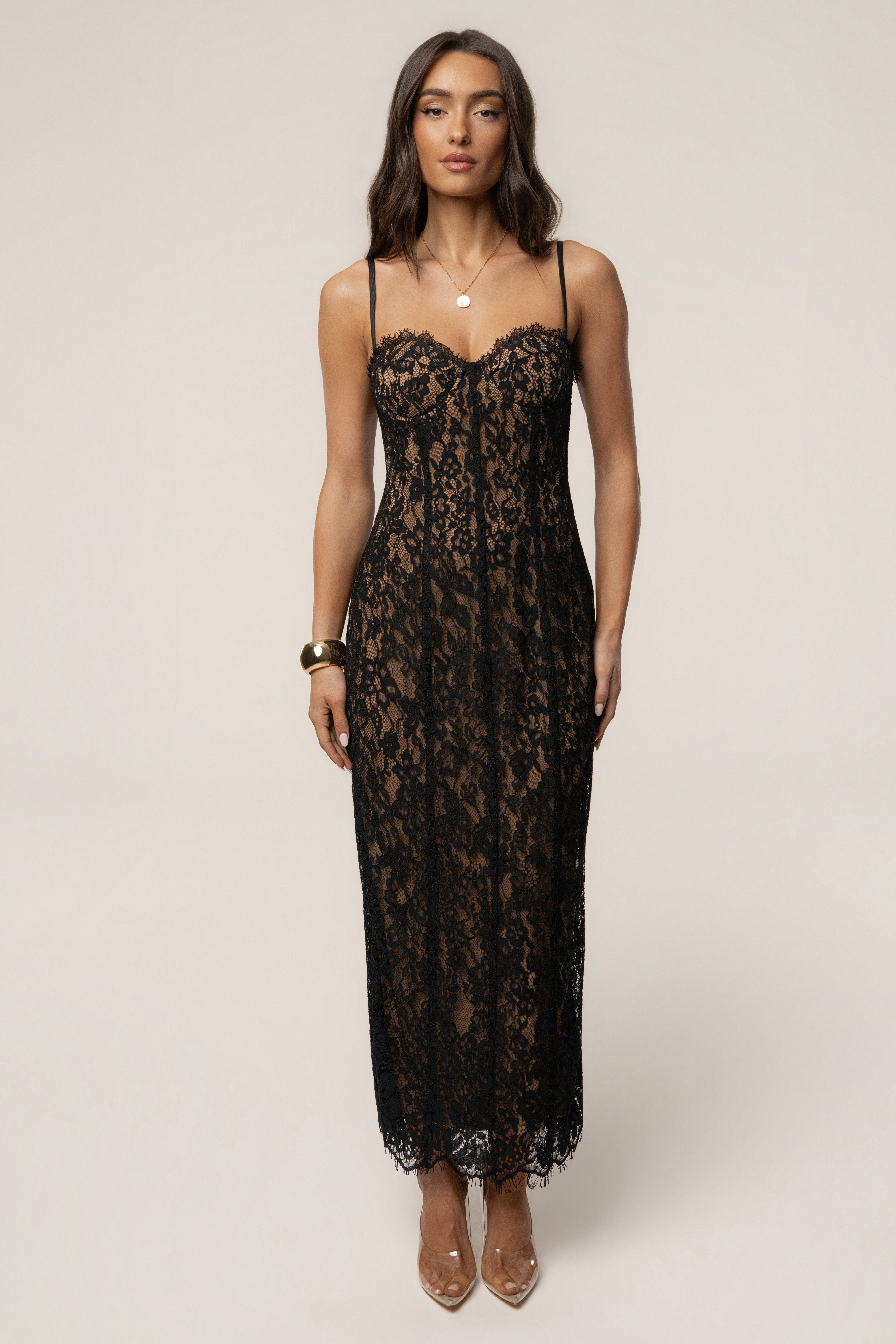 Black Love Reign Lace Midi Dress by JLUXLABEL, featuring intricate lace details and a fitted silhouette, perfect for elegant occasions.