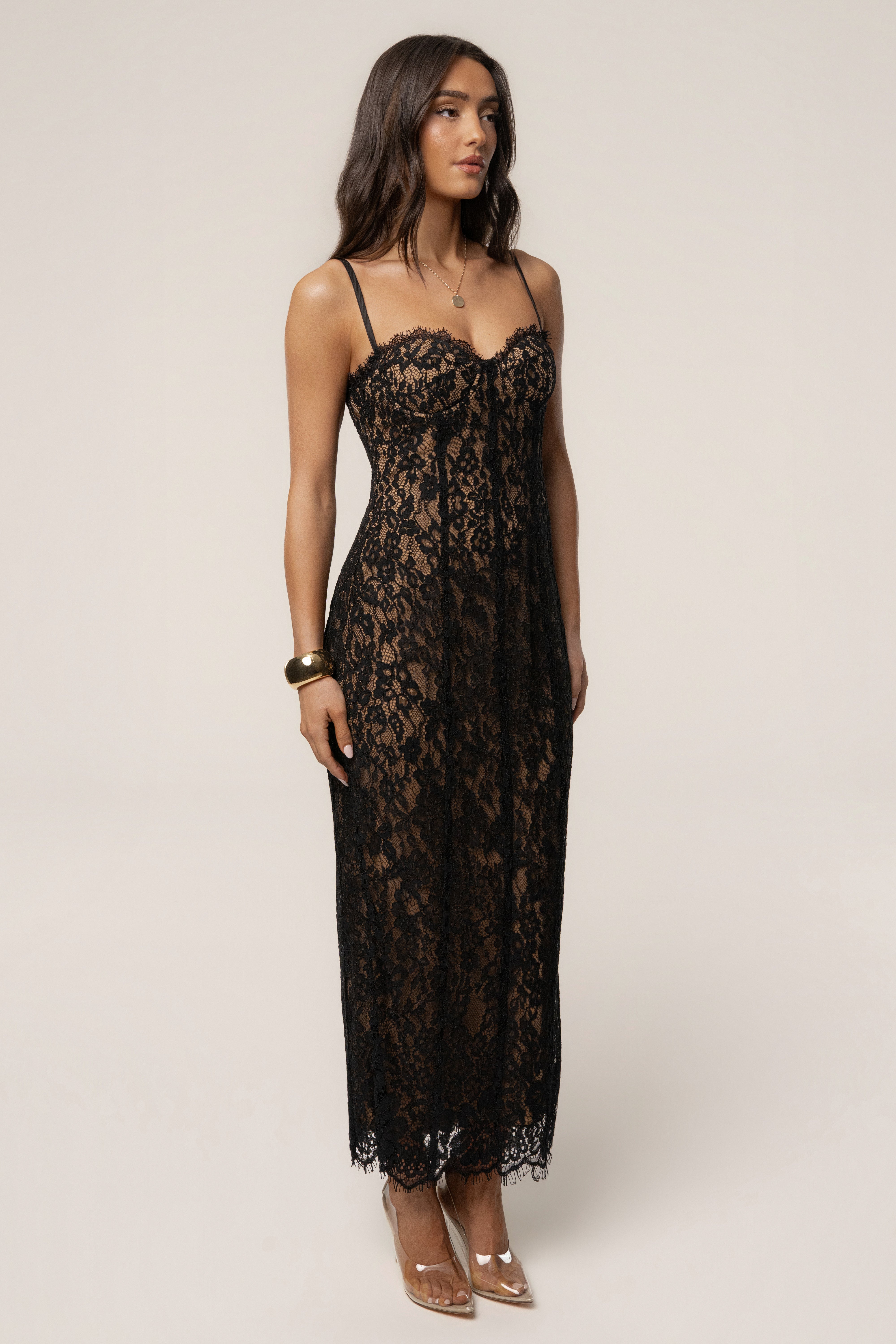Black Love Reign lace midi dress by JLUXLABEL, featuring intricate lace details and a flattering midi length, perfect for elegant occasions.
