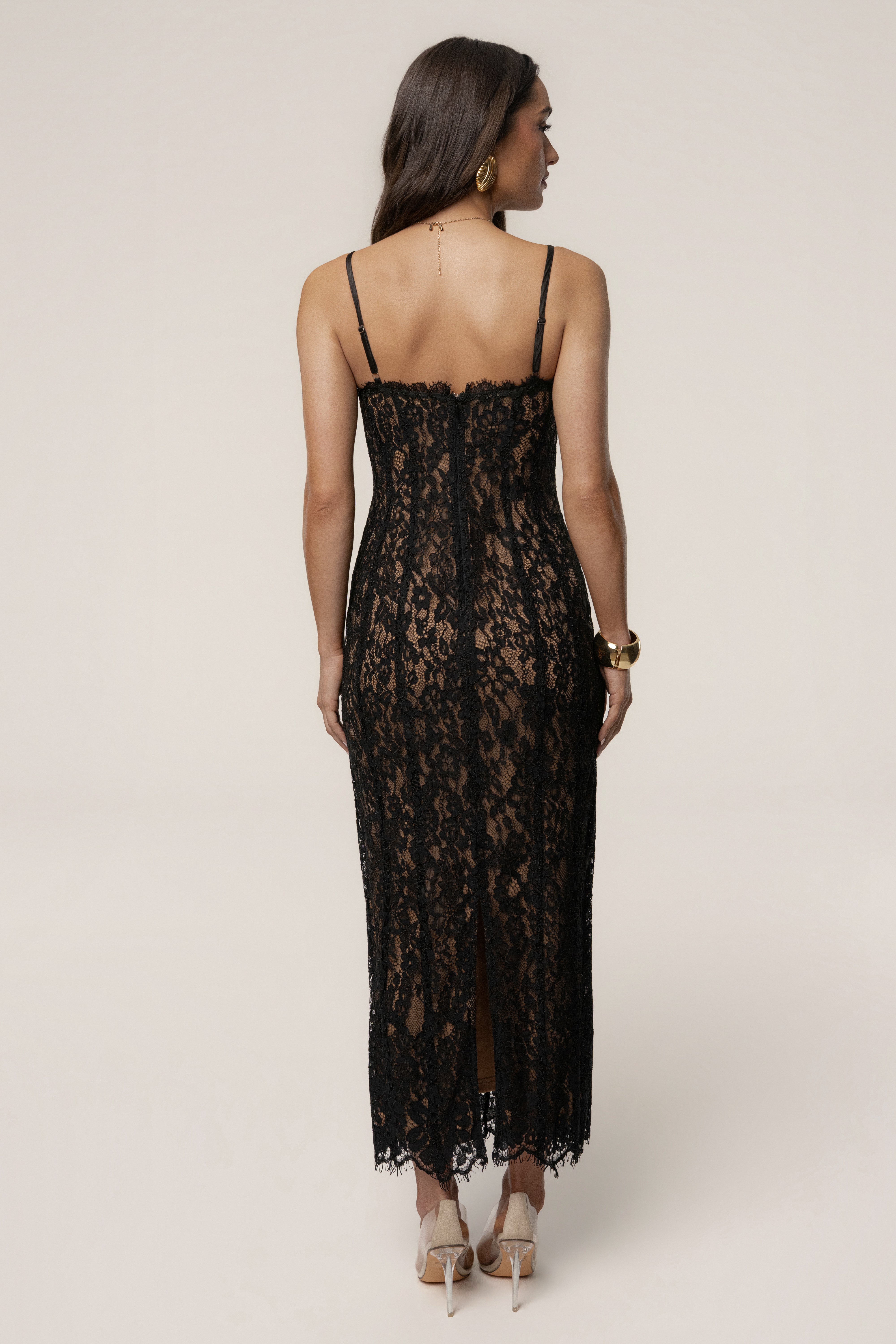 Black Love Reign lace midi dress by JLUXLABEL featuring intricate lace details and a fitted silhouette.