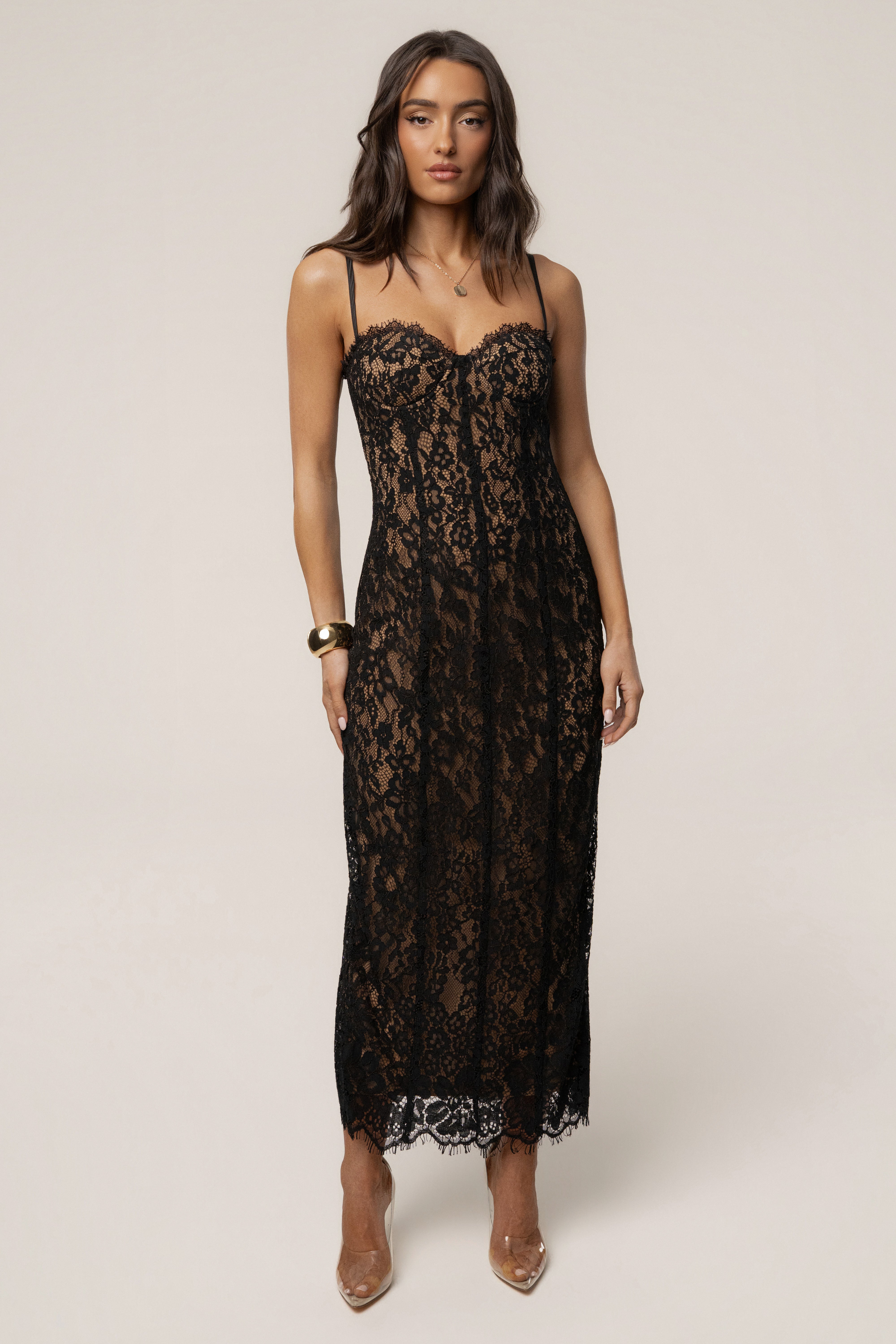 Black Love Reign lace midi dress by JLUXLABEL featuring elegant lace fabric and a fitted silhouette.