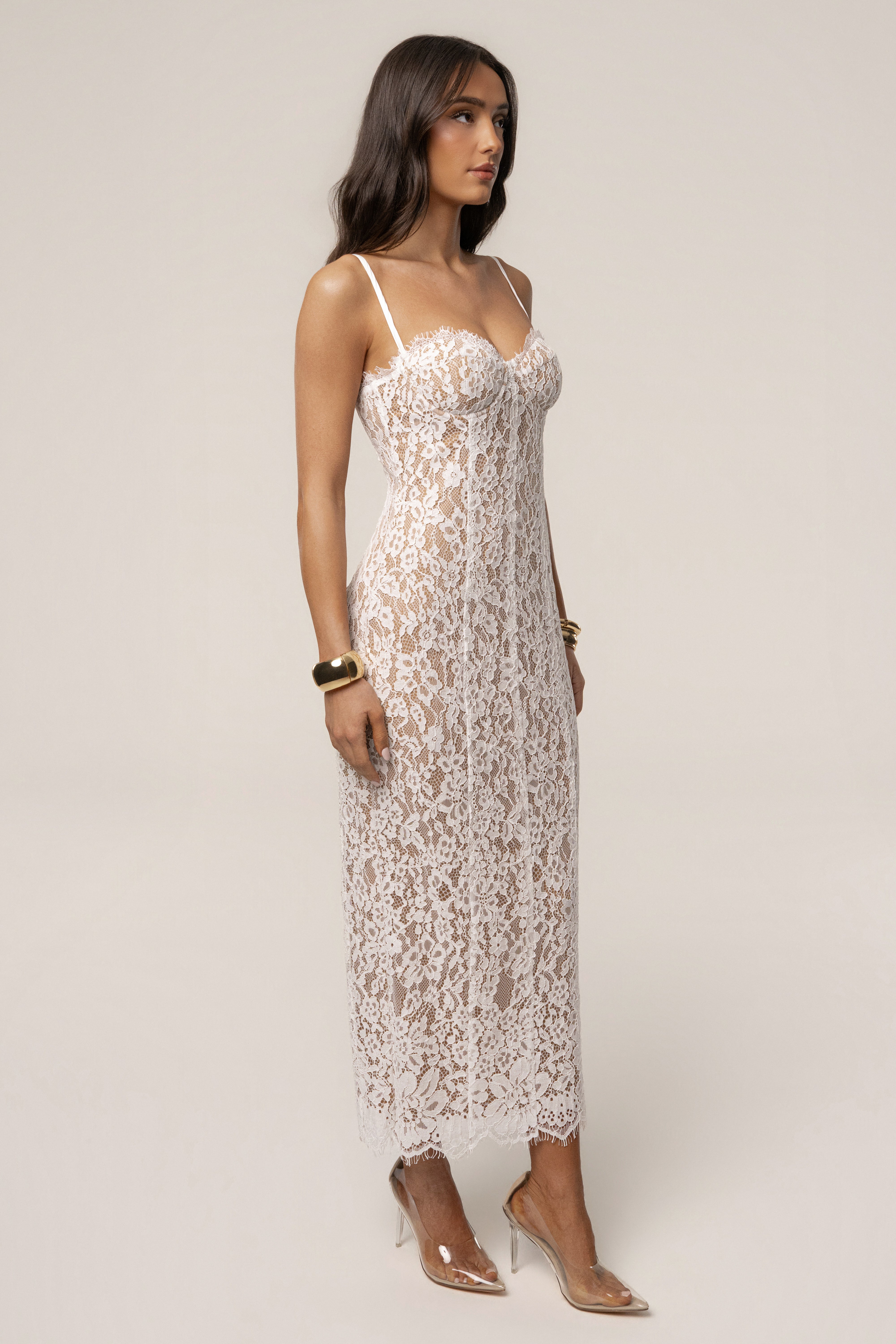 White Love Reign Lace Midi Dress by JLUXLABEL featuring intricate lace details and a flattering midi length.