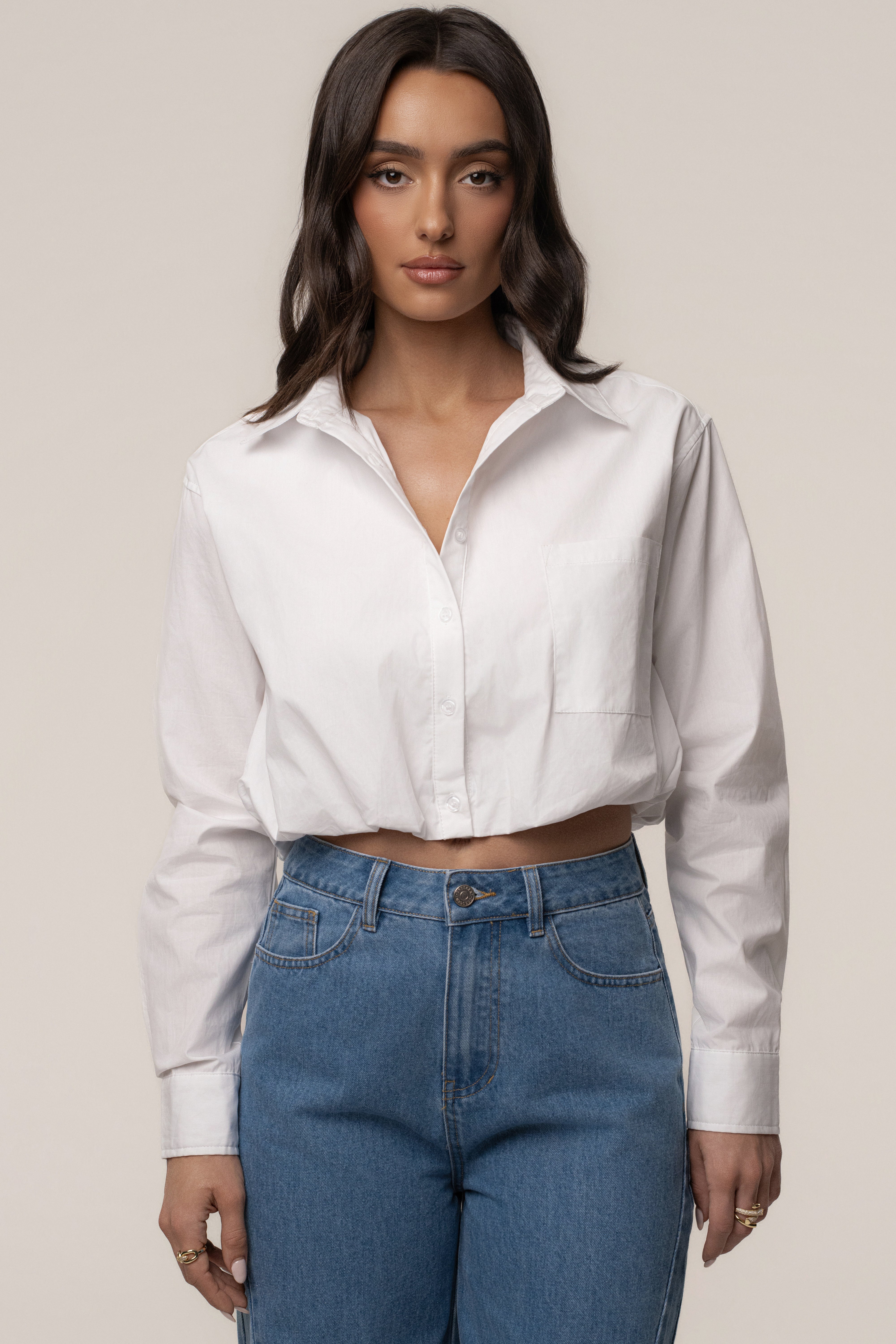 White Minimalist Button Down Crop - JLUXLABEL