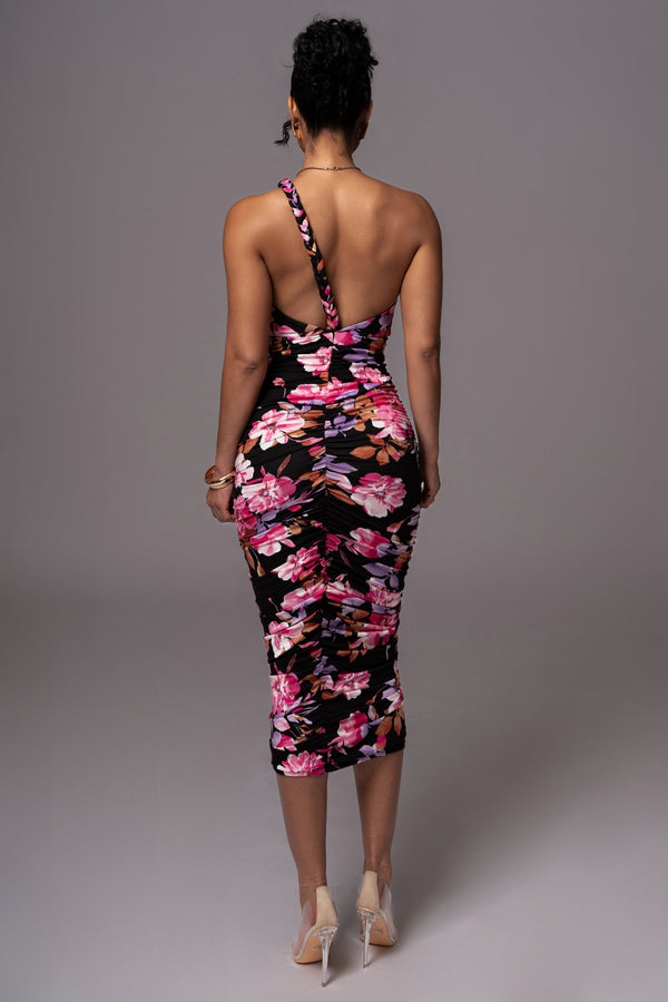 Black Floral Jess Ruched Midi Dress - JLUXLABEL