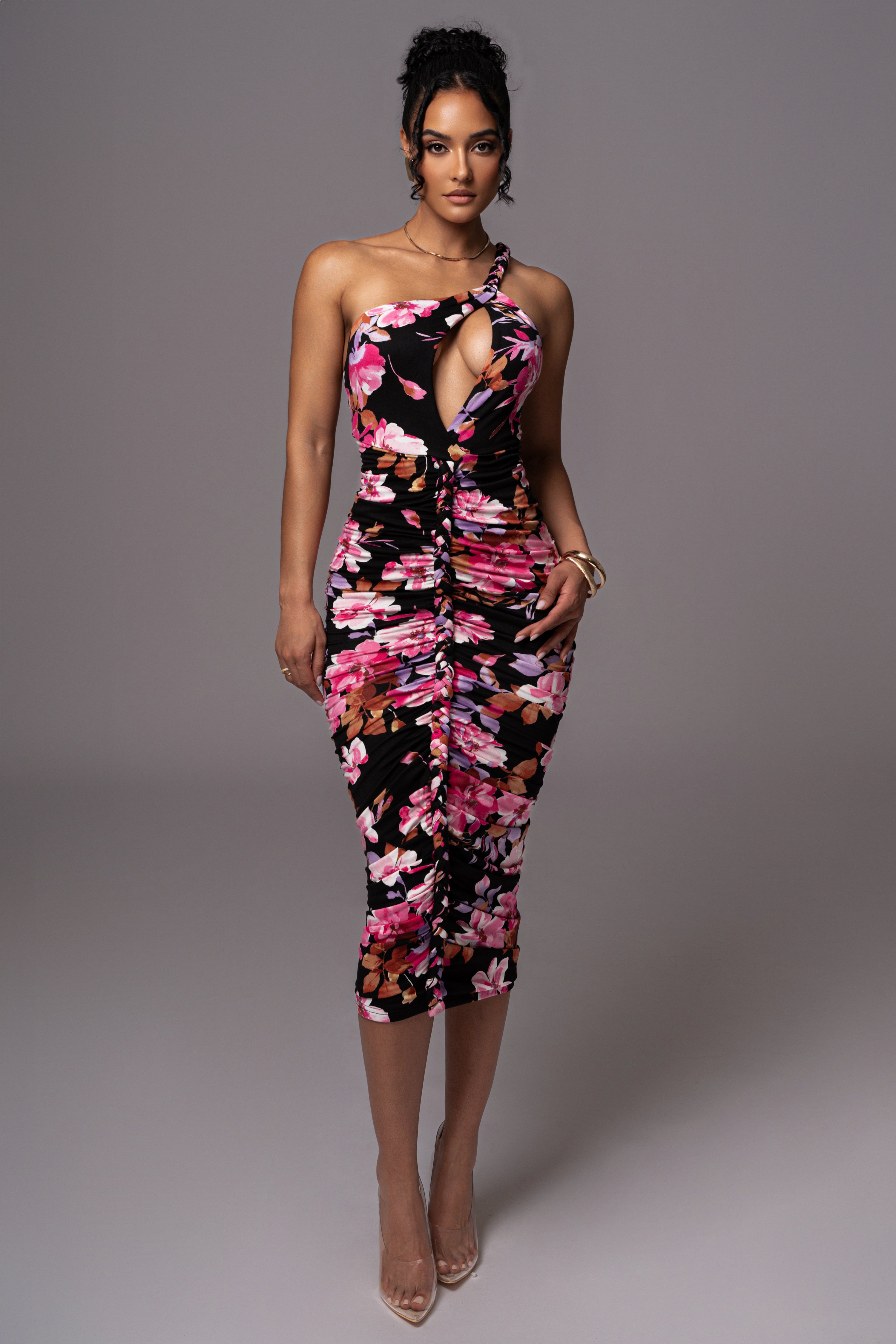 Black Floral Jess Ruched Midi Dress - JLUXLABEL