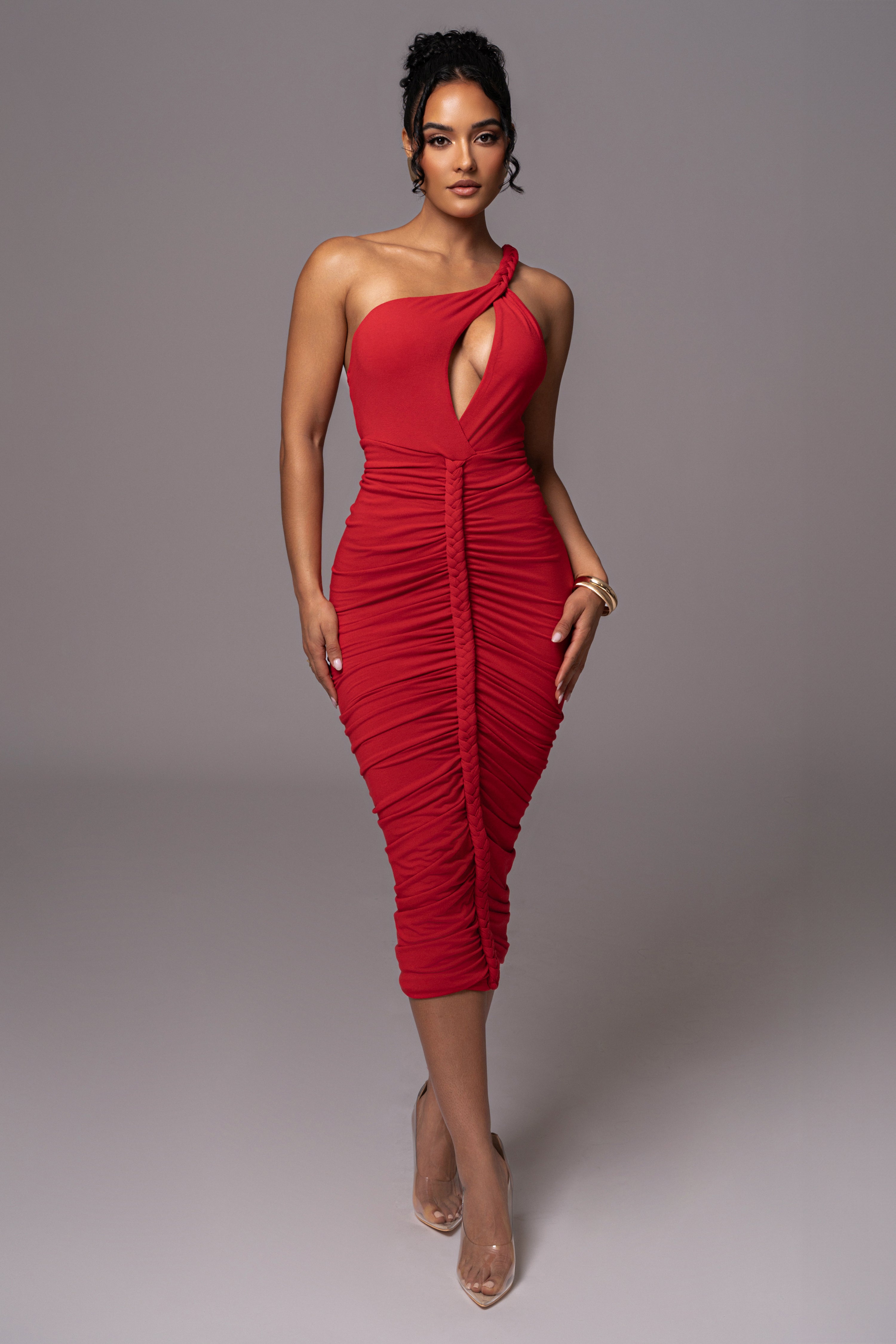 Red Jess Ruched Midi Dress - JLUXLABEL