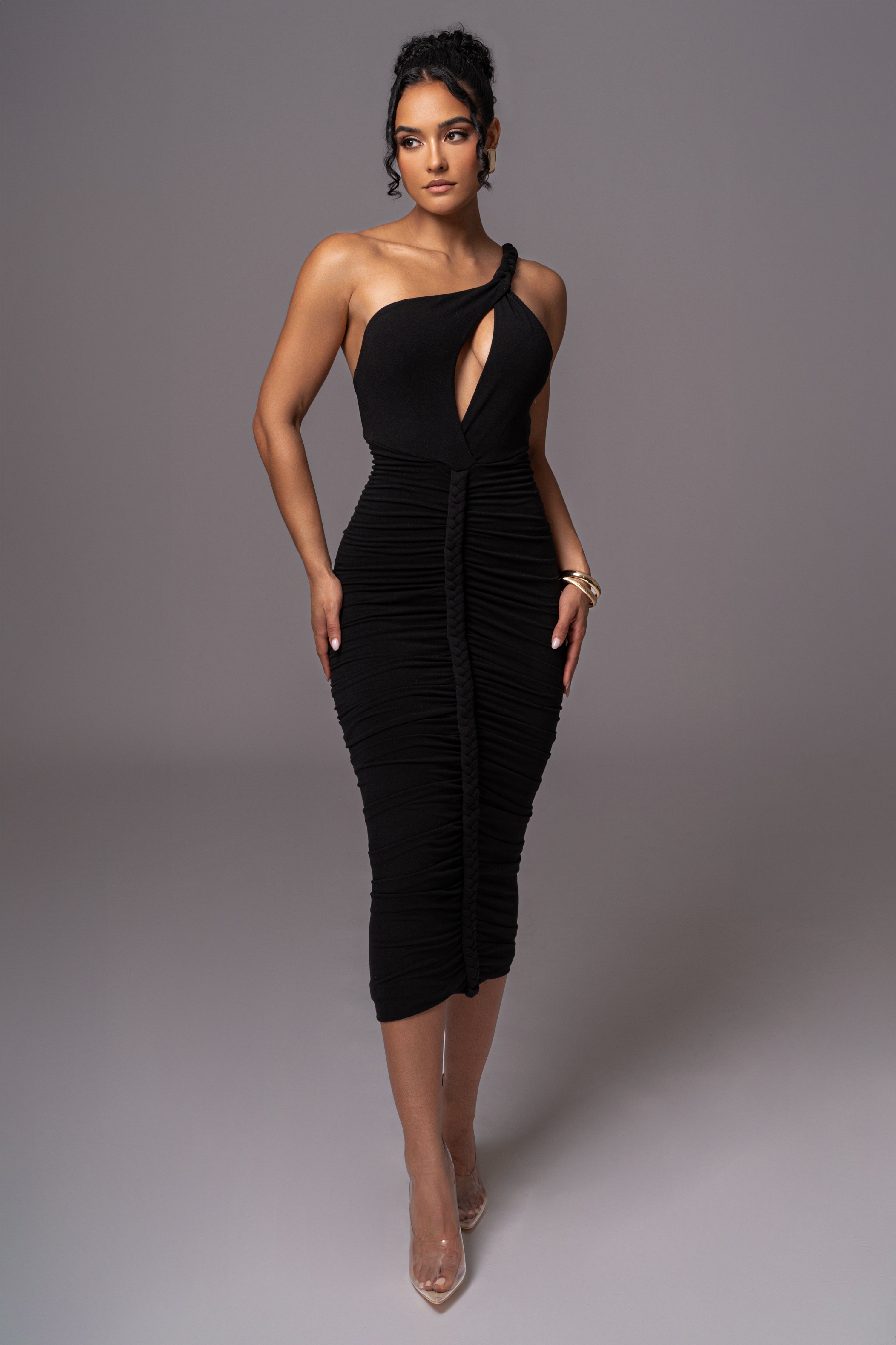 Black Jess Ruched Midi Dress - JLUXLABEL