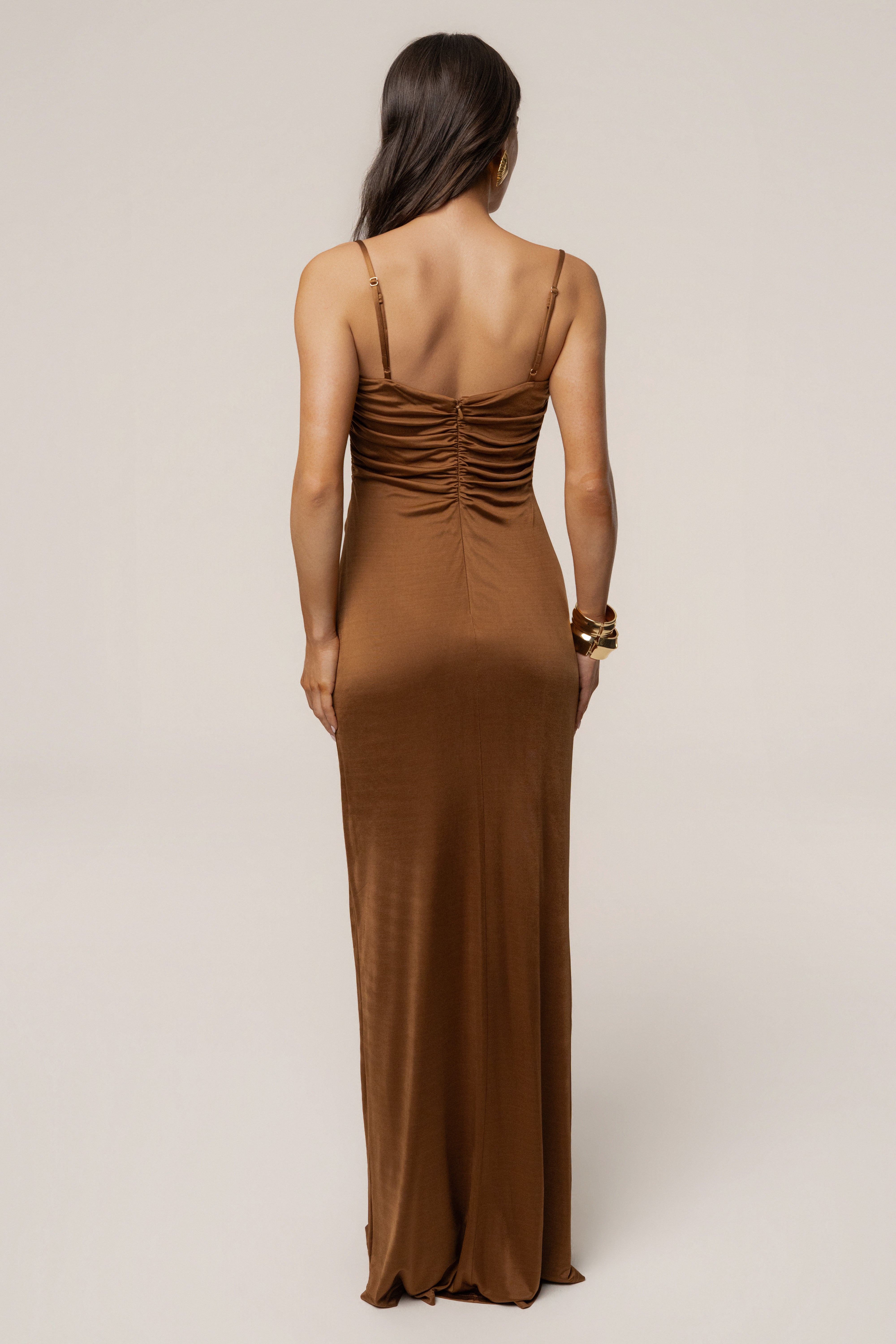 chinese dress ladies Tan Auric Deep Plunge Maxi Dress