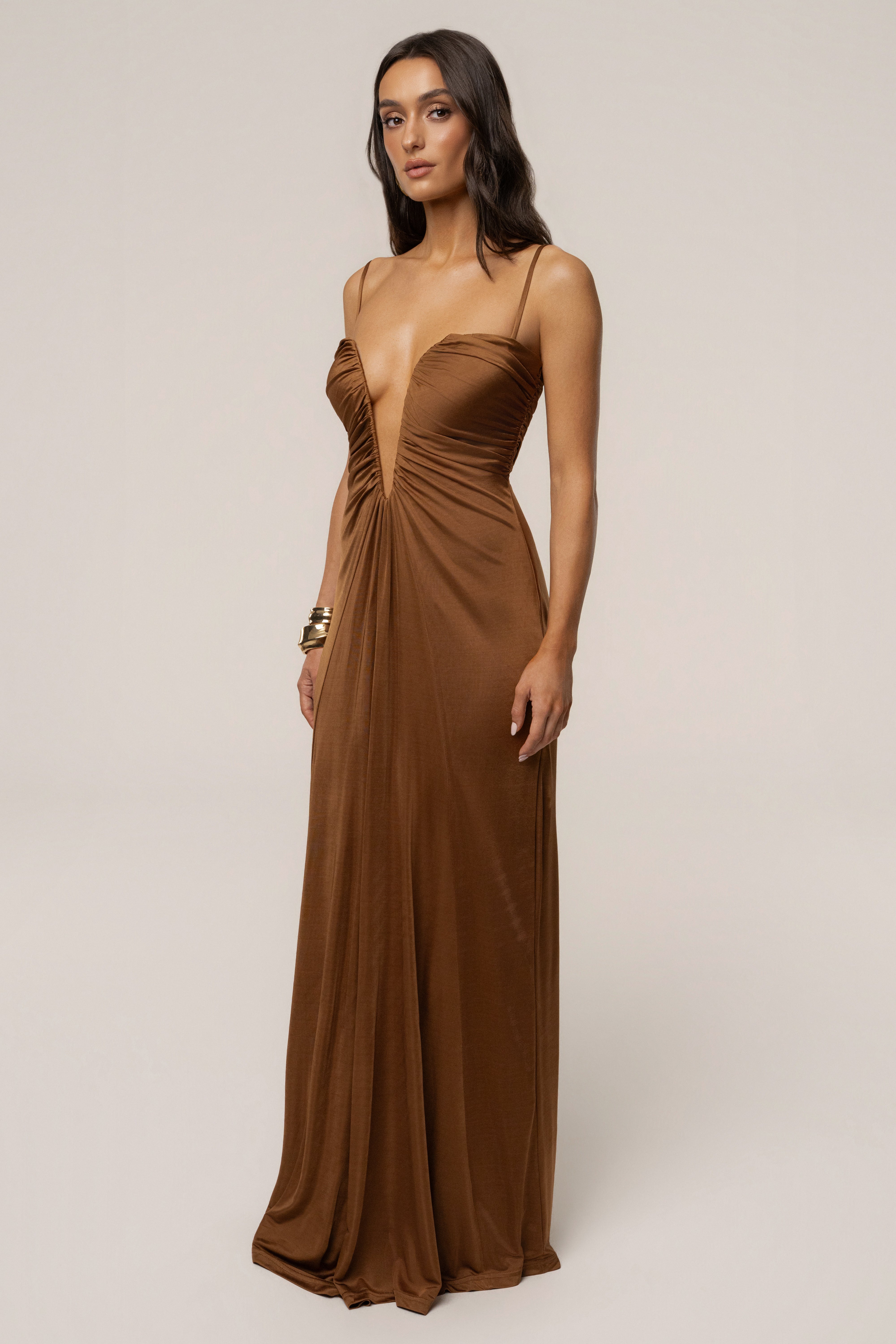 Tan Auric Deep Plunge Maxi Dress - JLUXLABEL