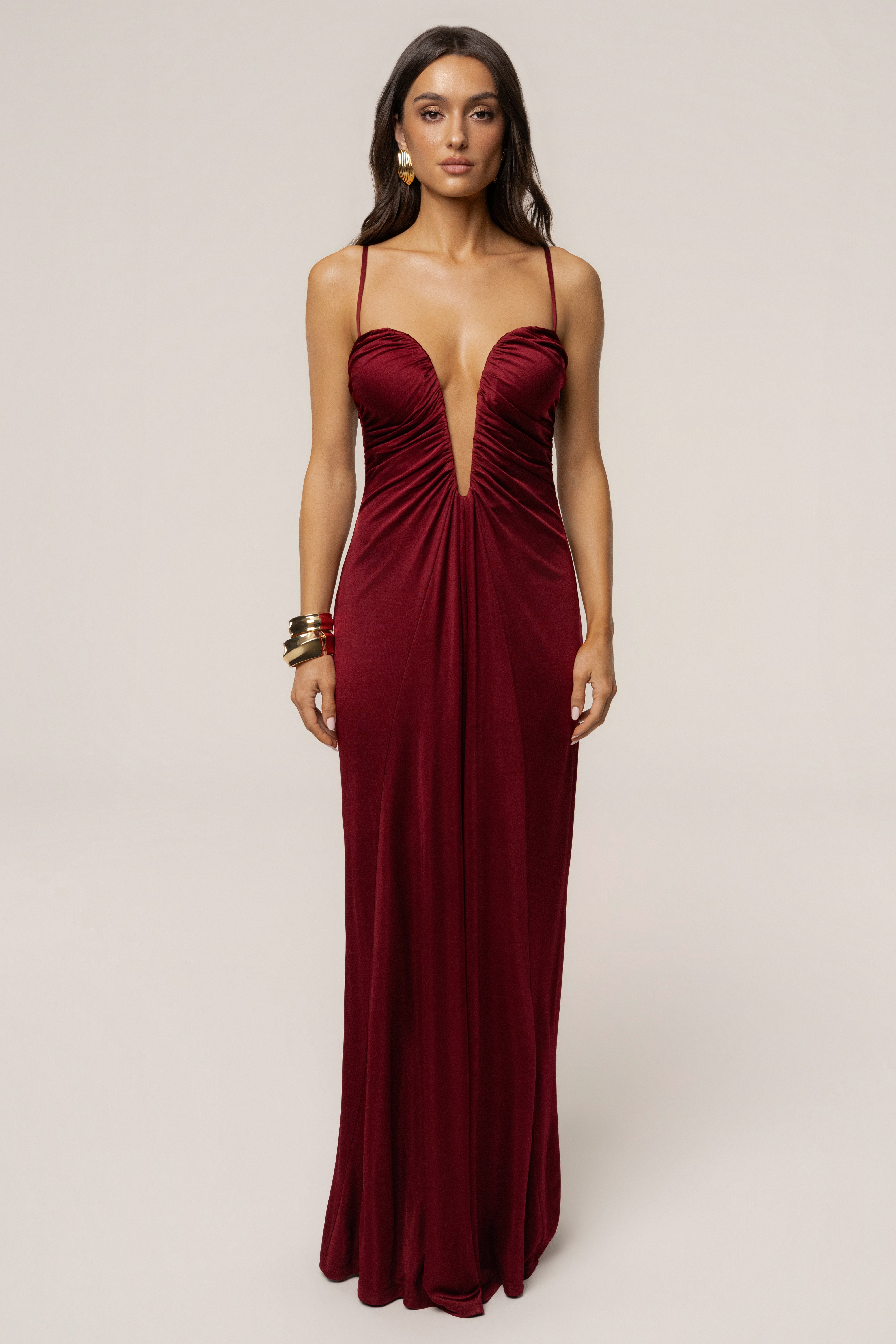 Burgundy Auric Deep Plunge Maxi Dress Burgundy Auric Deep Plunge Maxi Dress