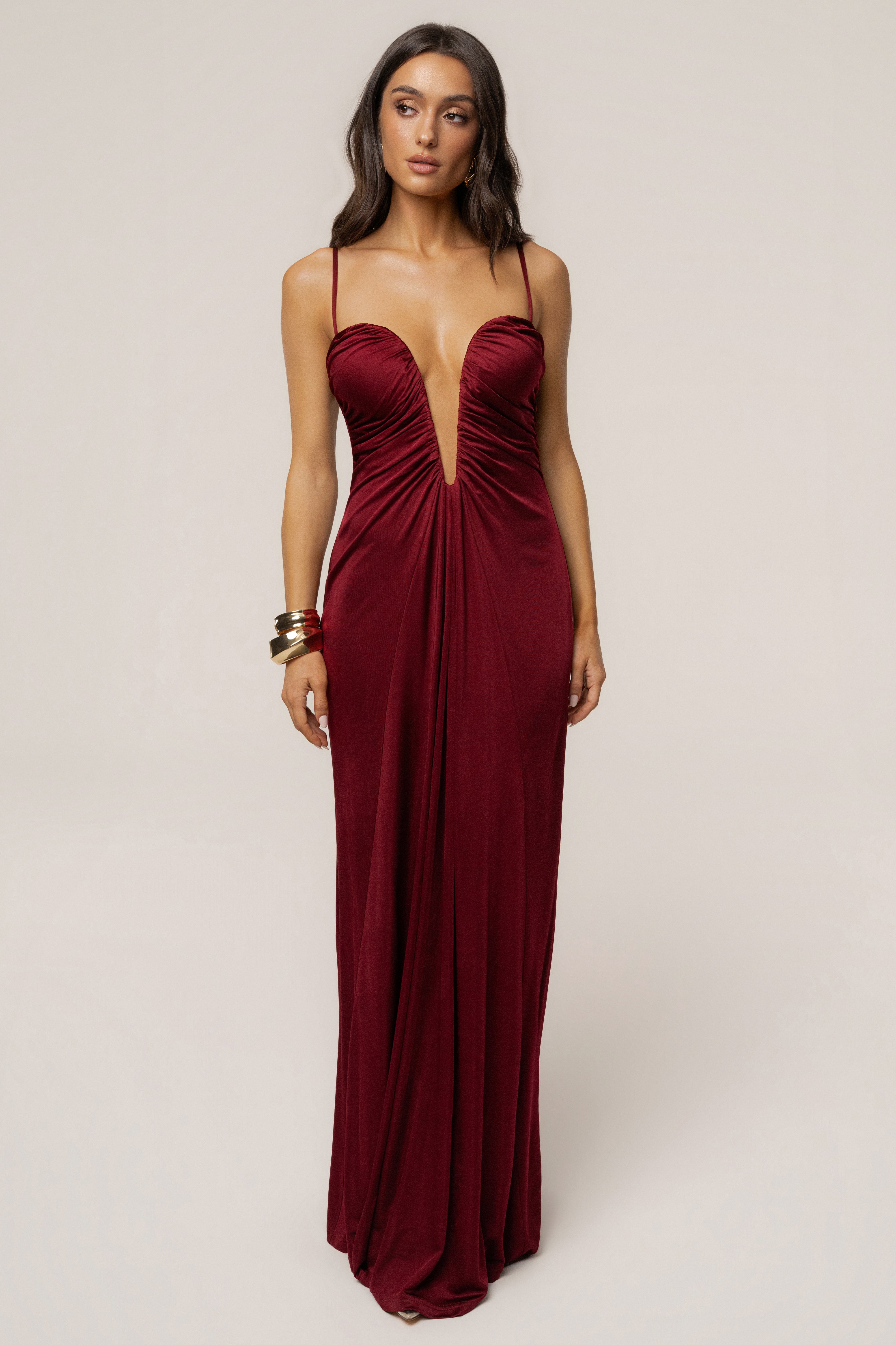 Burgundy Auric Deep Plunge Maxi Dress - JLUXLABEL