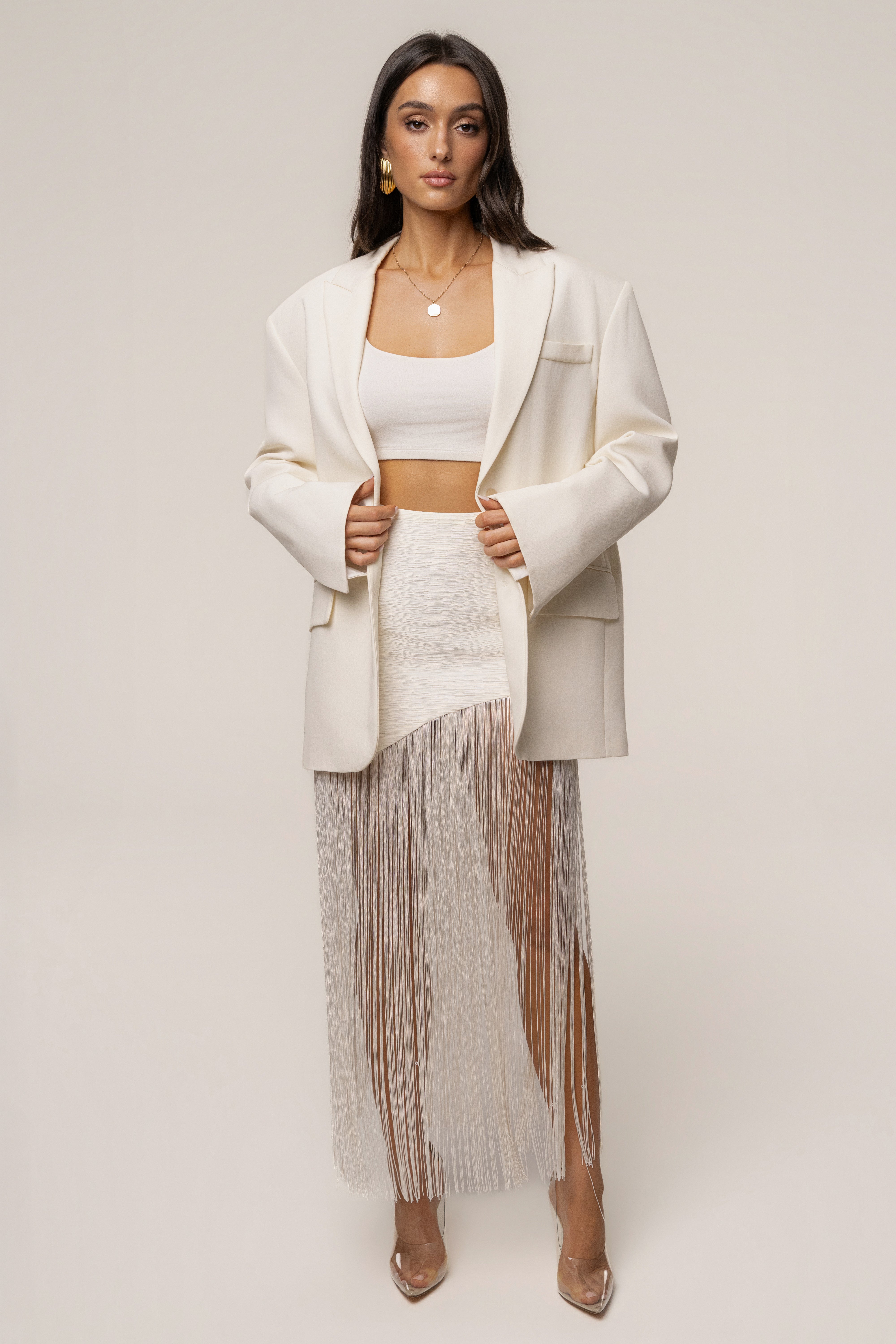 Ivory Gala Nights Fringe Skirt | JLUXLABEL
