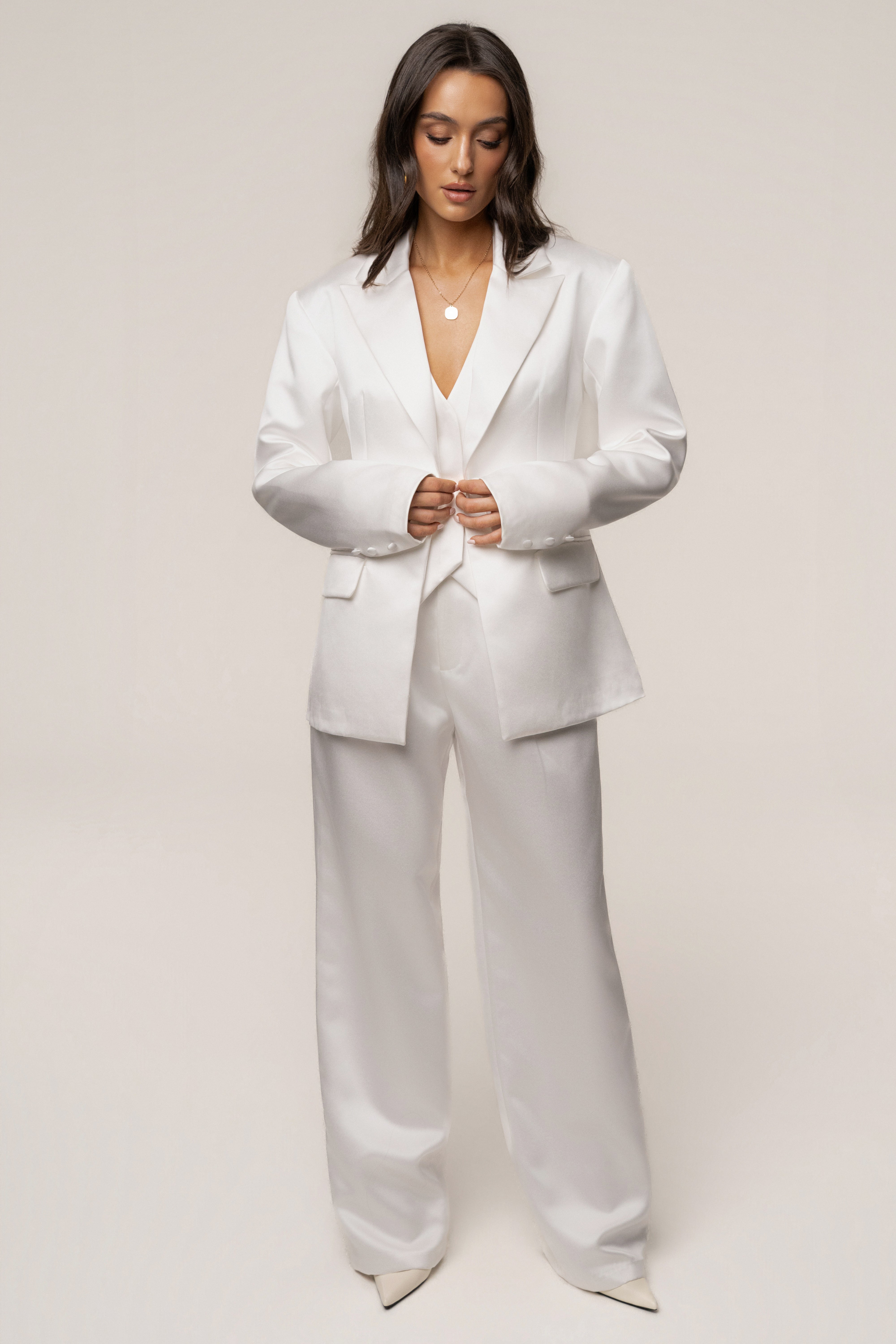 White Victoria Satin Blazer - JLUXLABEL