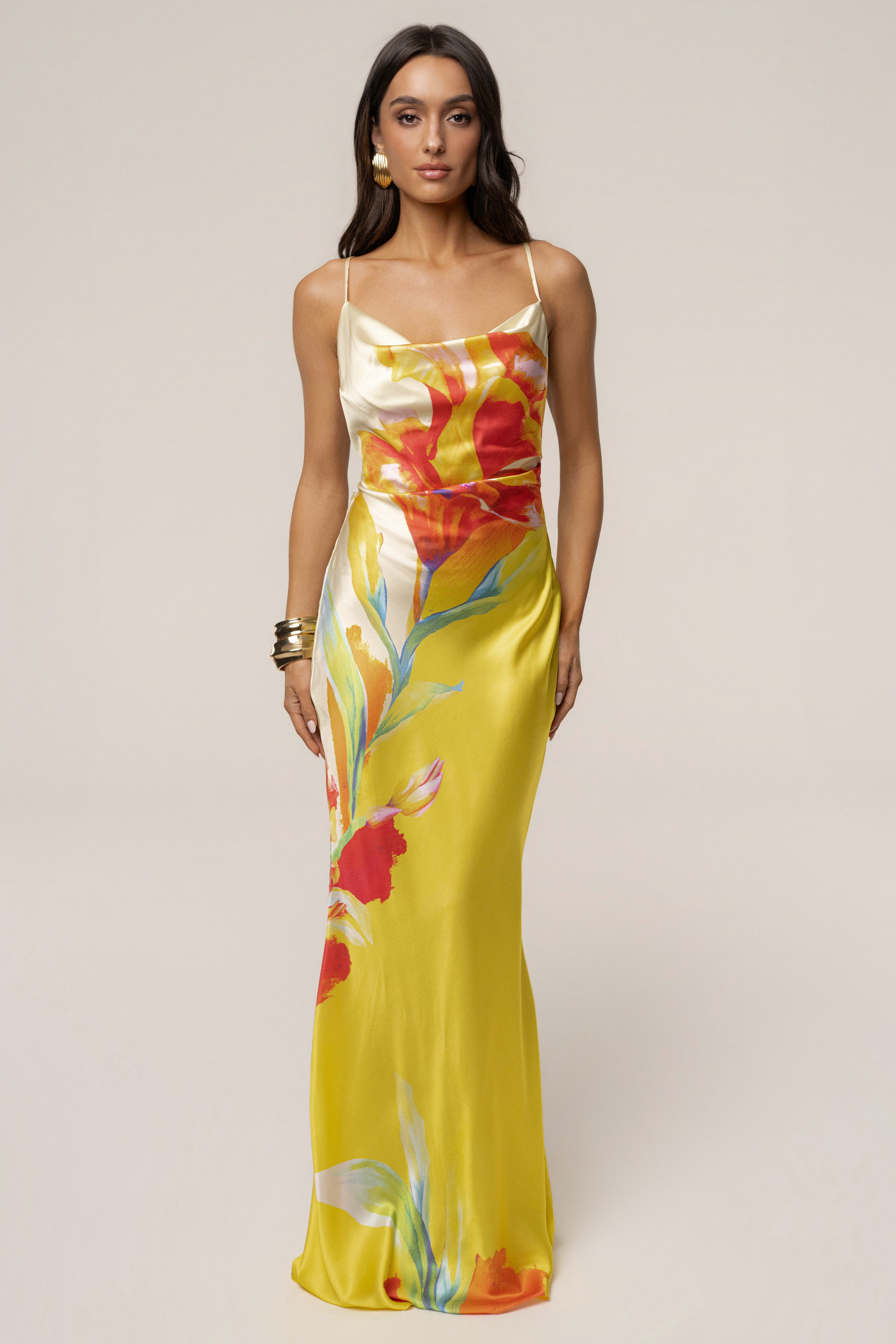 Yellow Satin Floral Print Maxi Dress - JLUXLABEL