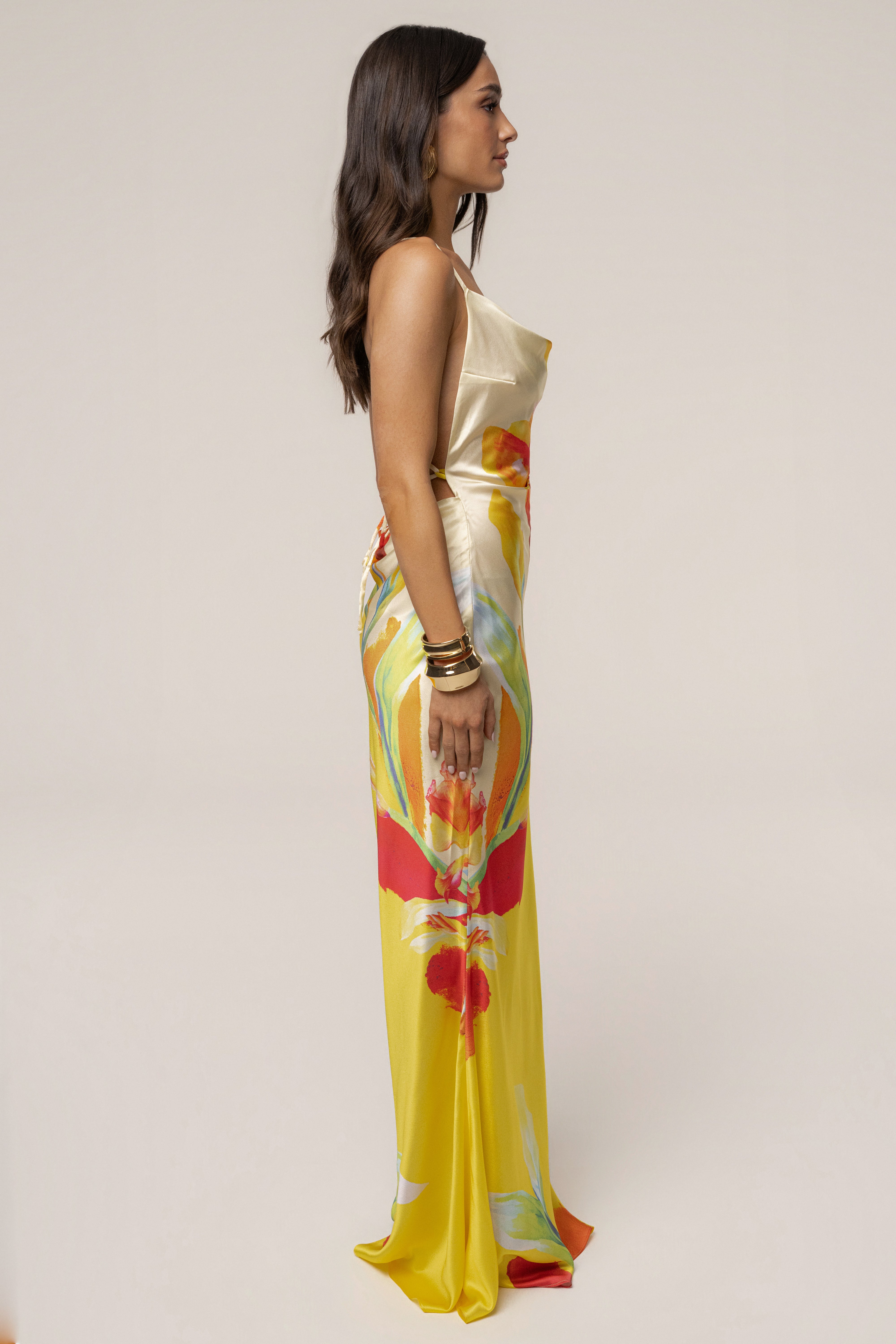Yellow Satin Floral Print Maxi Dress - JLUXLABEL