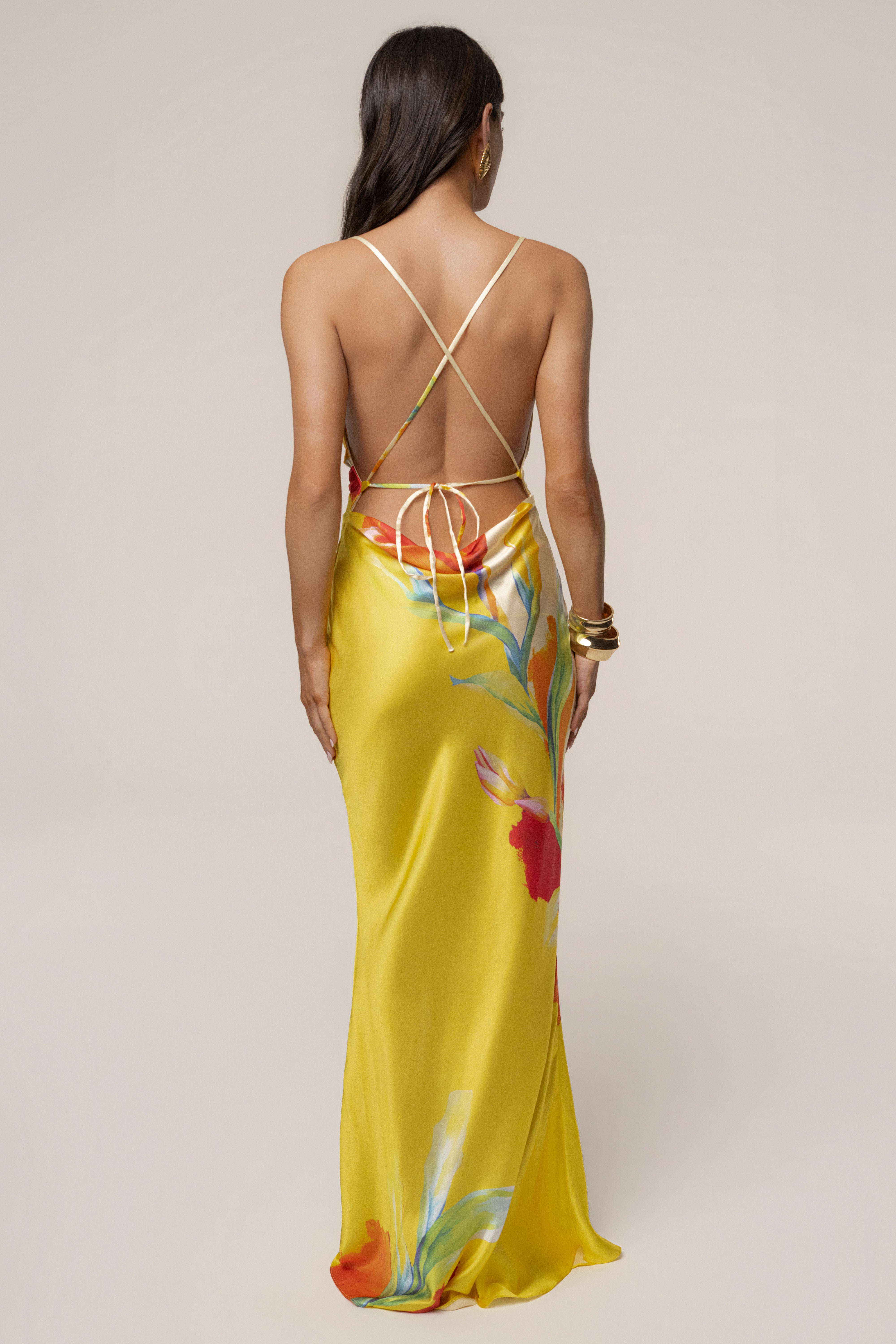 Yellow Satin Floral Print Maxi Dress - JLUXLABEL