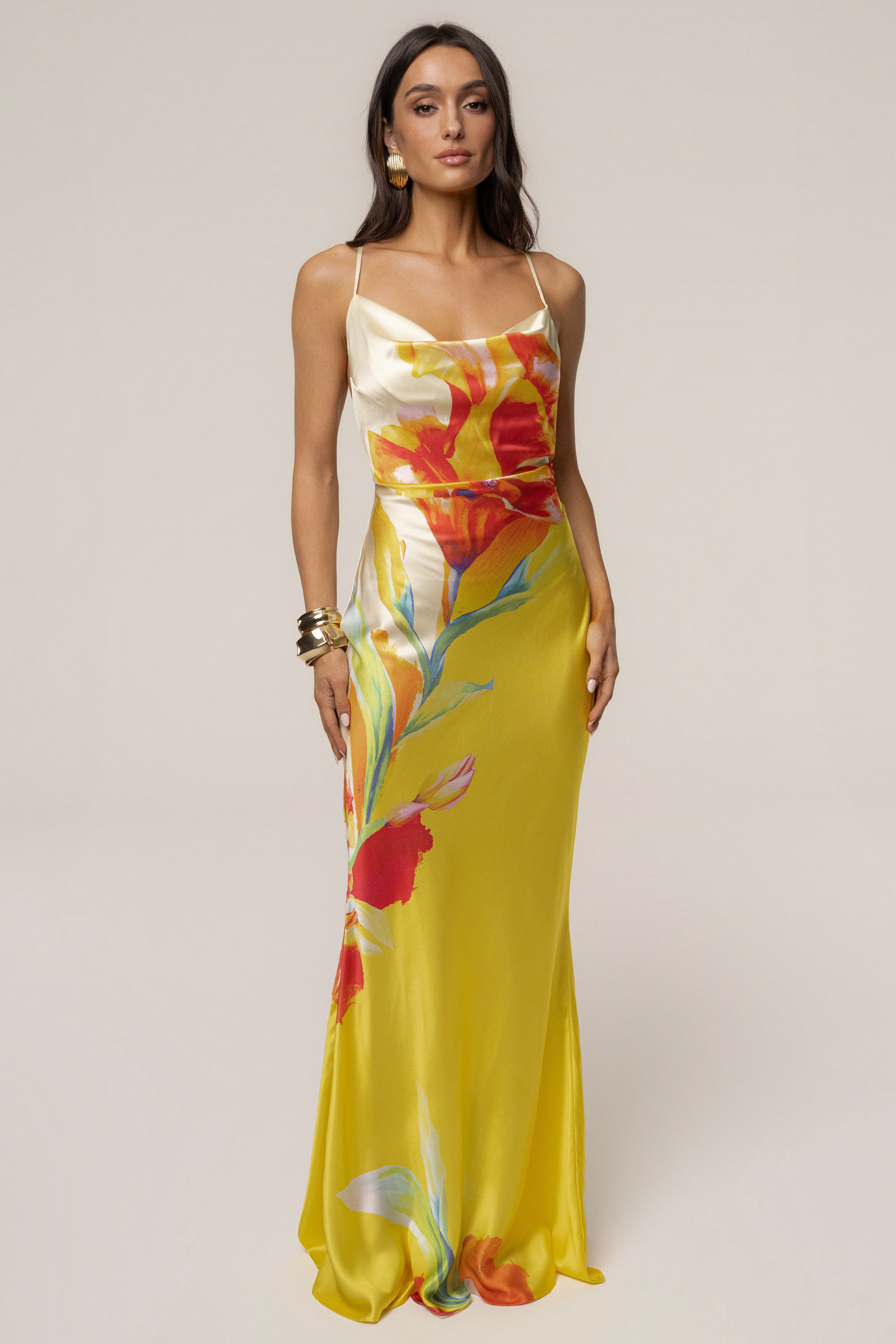 Yellow Satin Floral Print Maxi Dress - JLUXLABEL