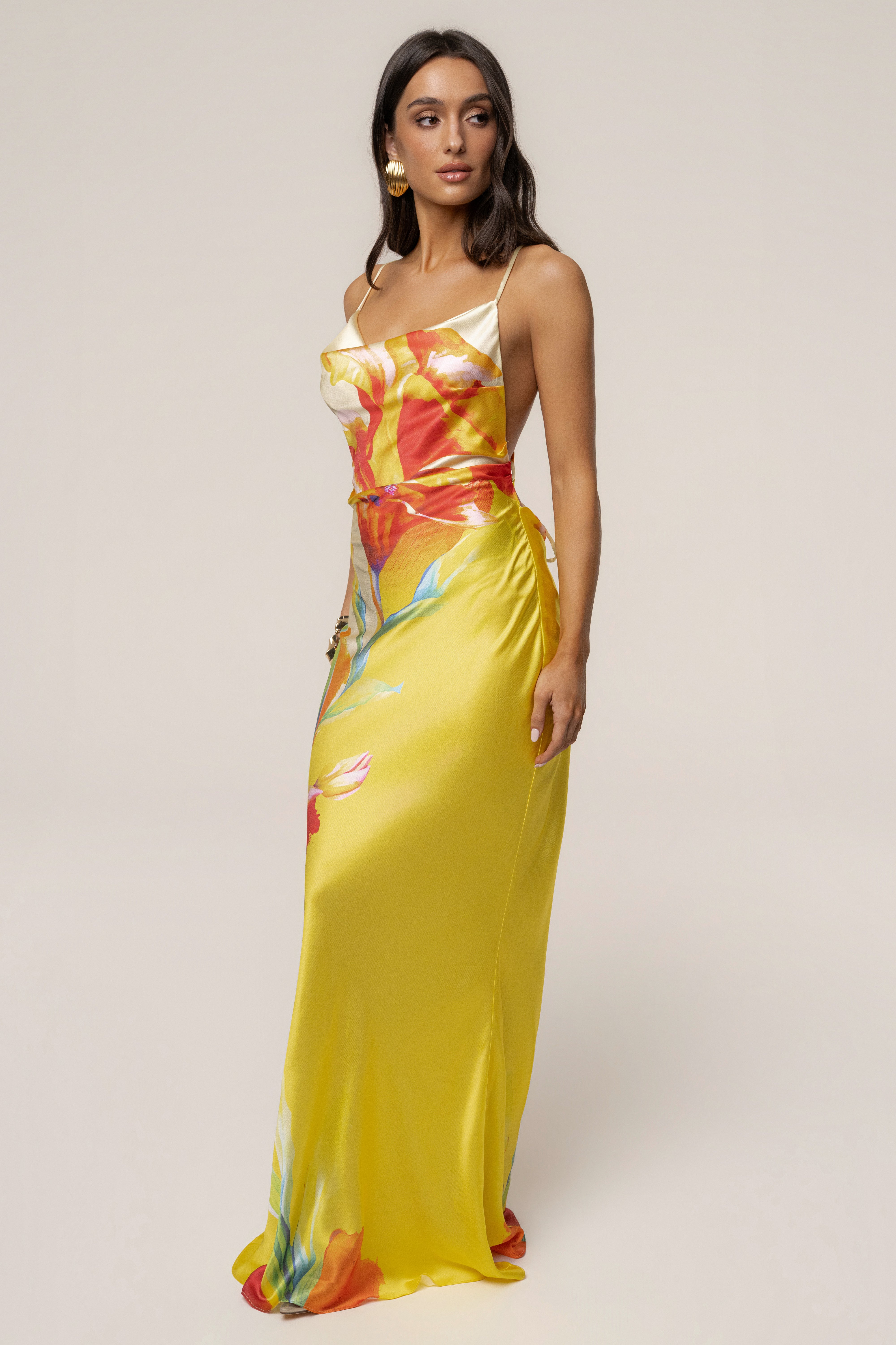 Yellow Satin Floral Print Maxi Dress - JLUXLABEL
