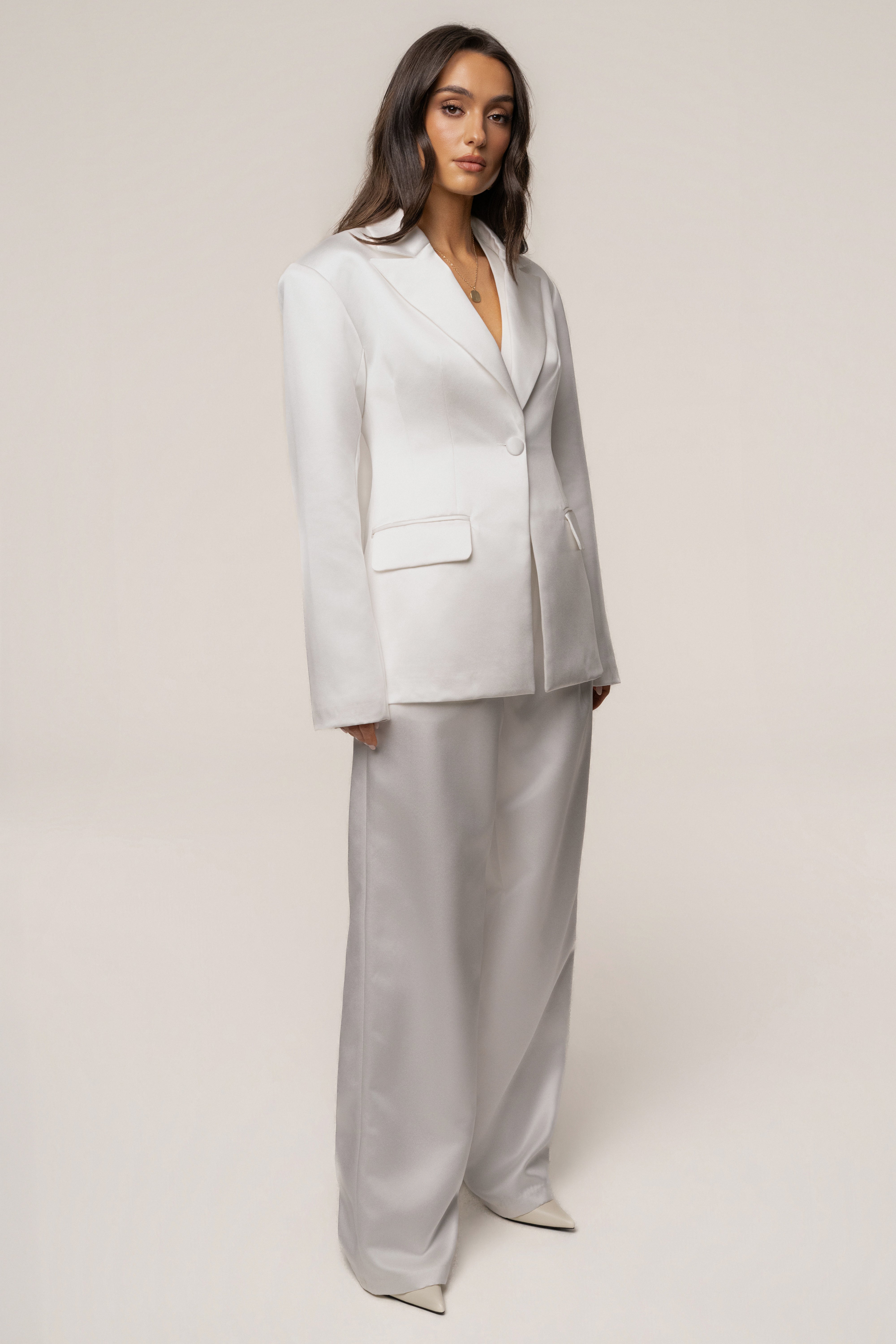 White Victoria Satin Blazer - JLUXLABEL