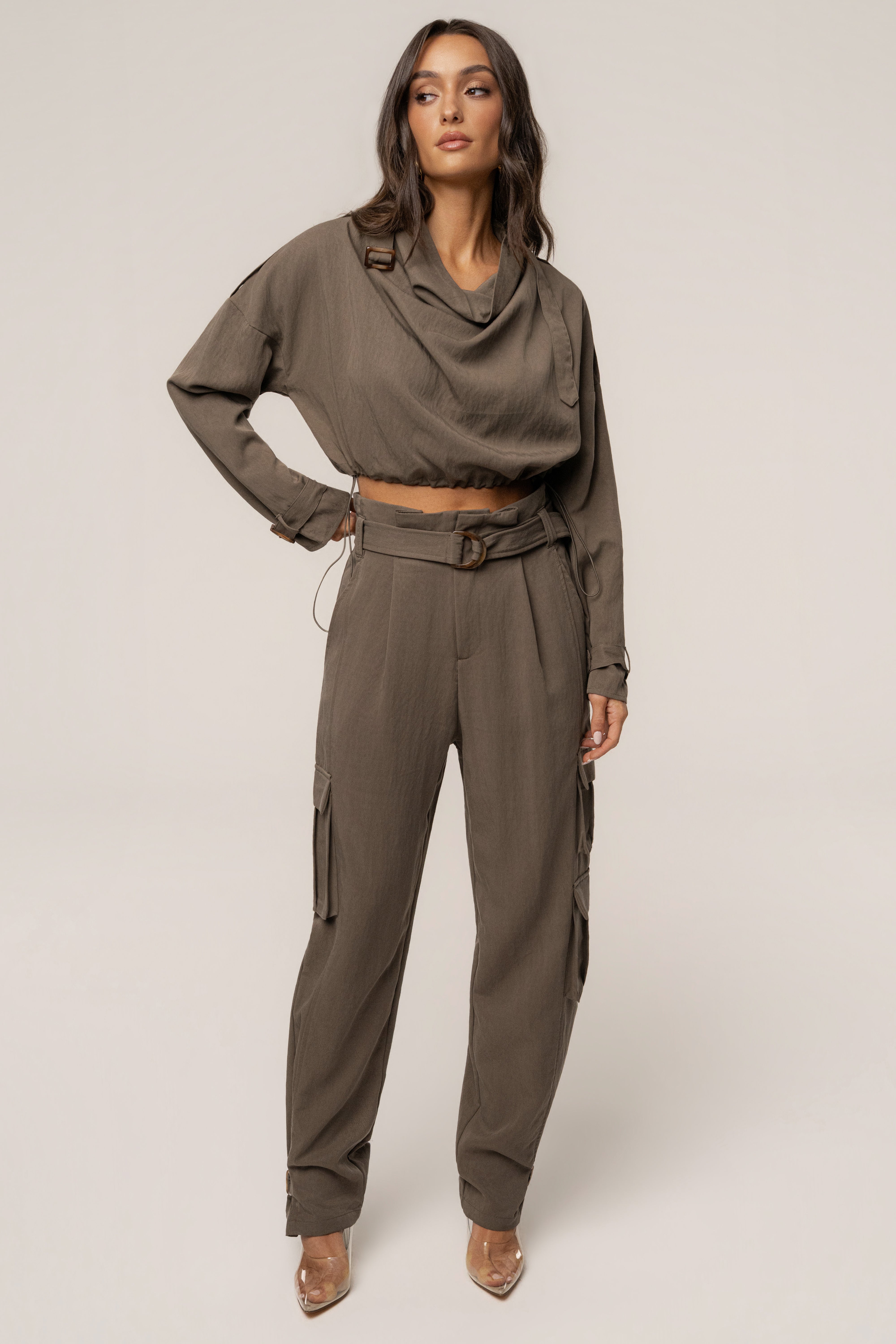 Dark Taupe Boundless Belted Cargo Pants - JLUXLABEL