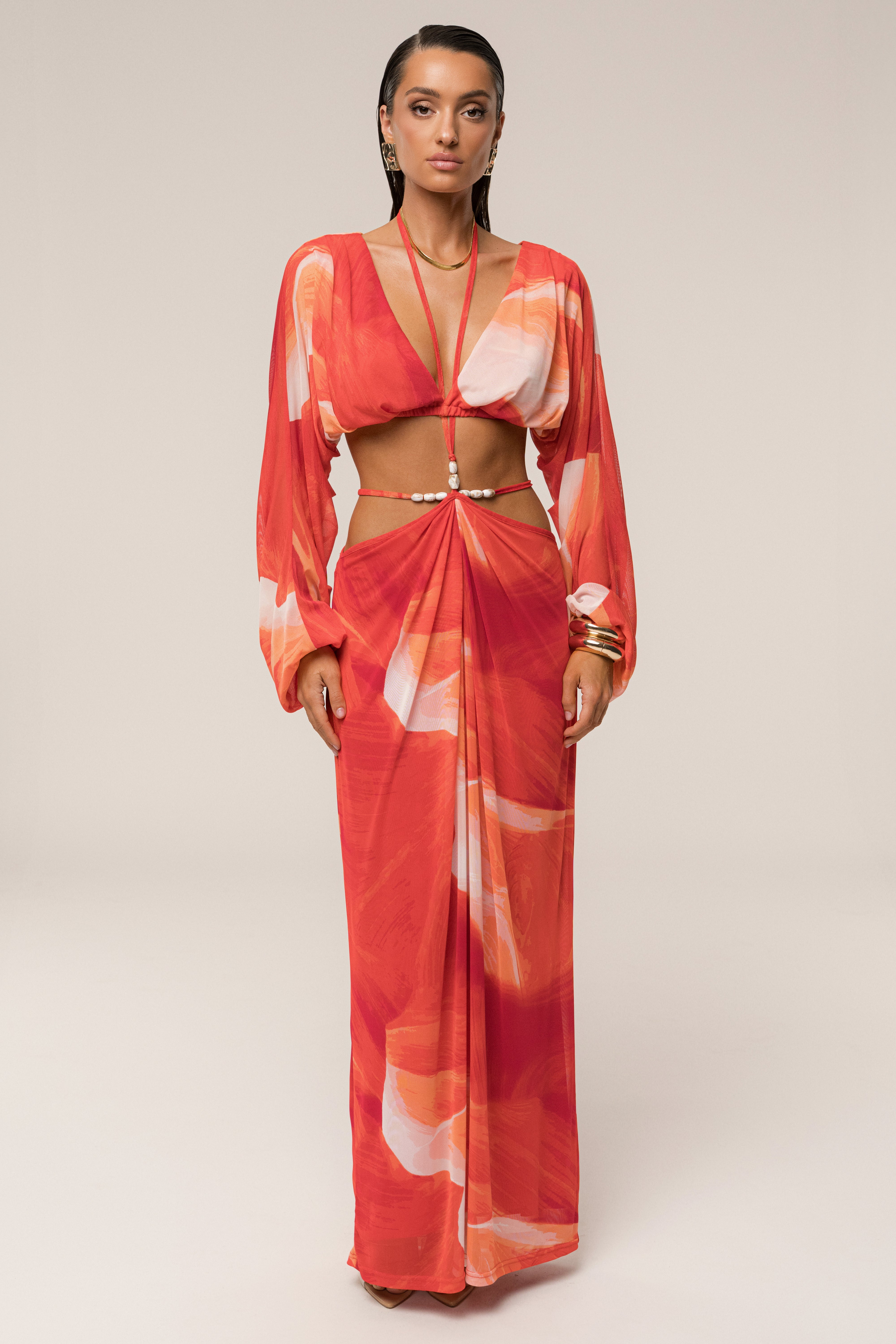 PRE-ORDER Sunset Red Hera Draped Maxi Skirt - JLUXLABEL