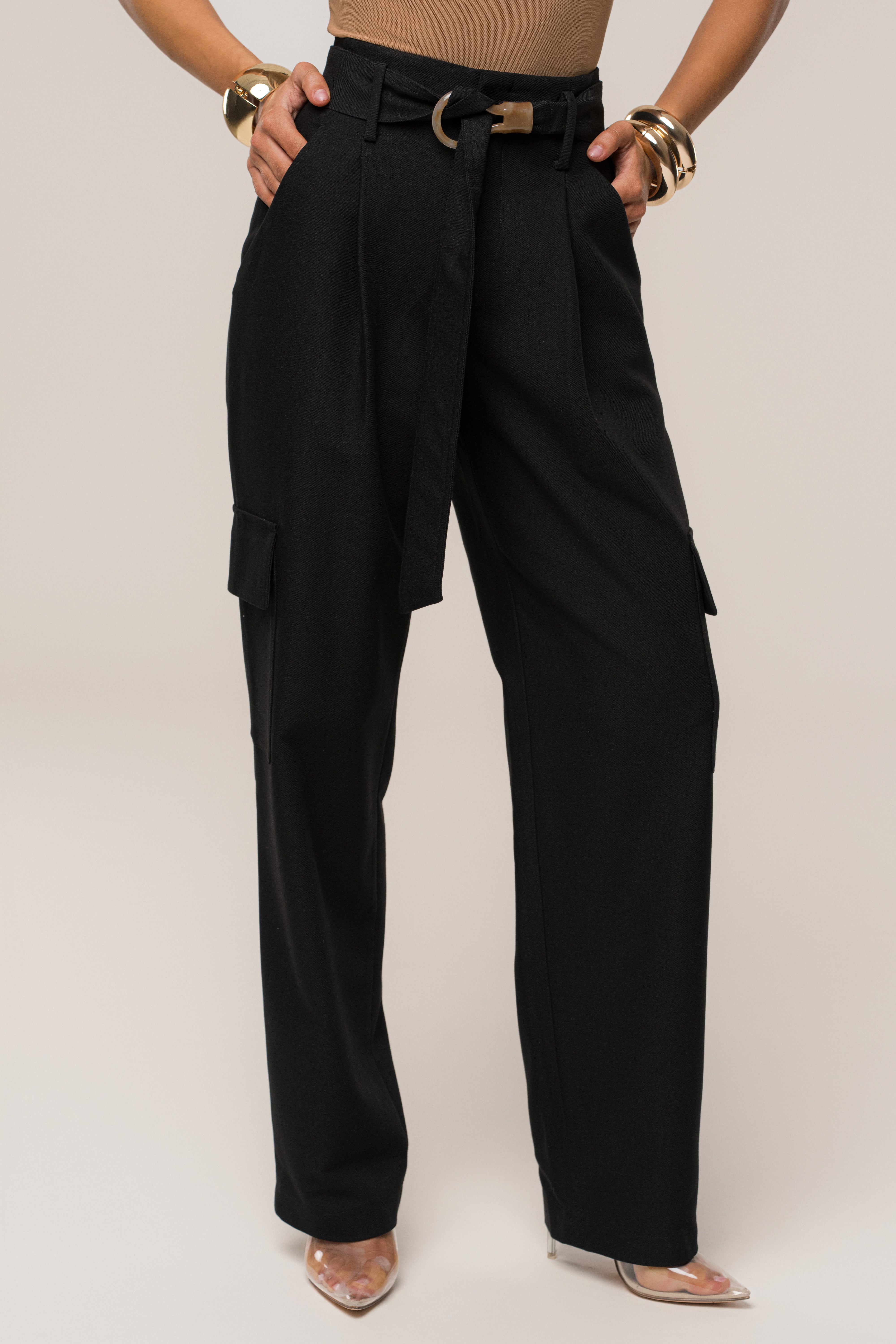 Black Alexis Belted Cargo Pants - JLUXLABEL
