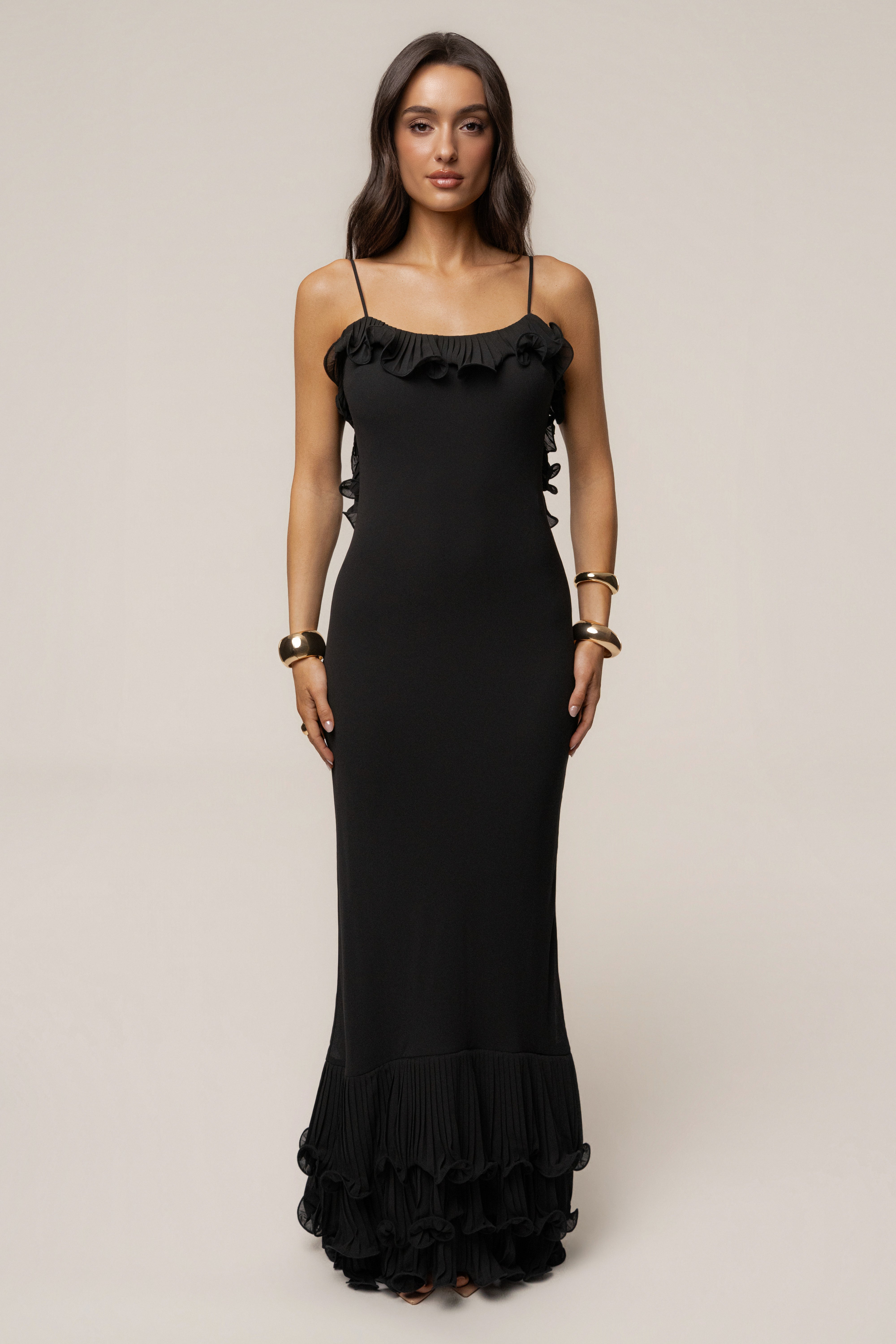 Black Midnight Muse maxi gown by JLUXLABEL, elegant long dress with flowing fabric and sophisticated design, perfect for formal occasions.