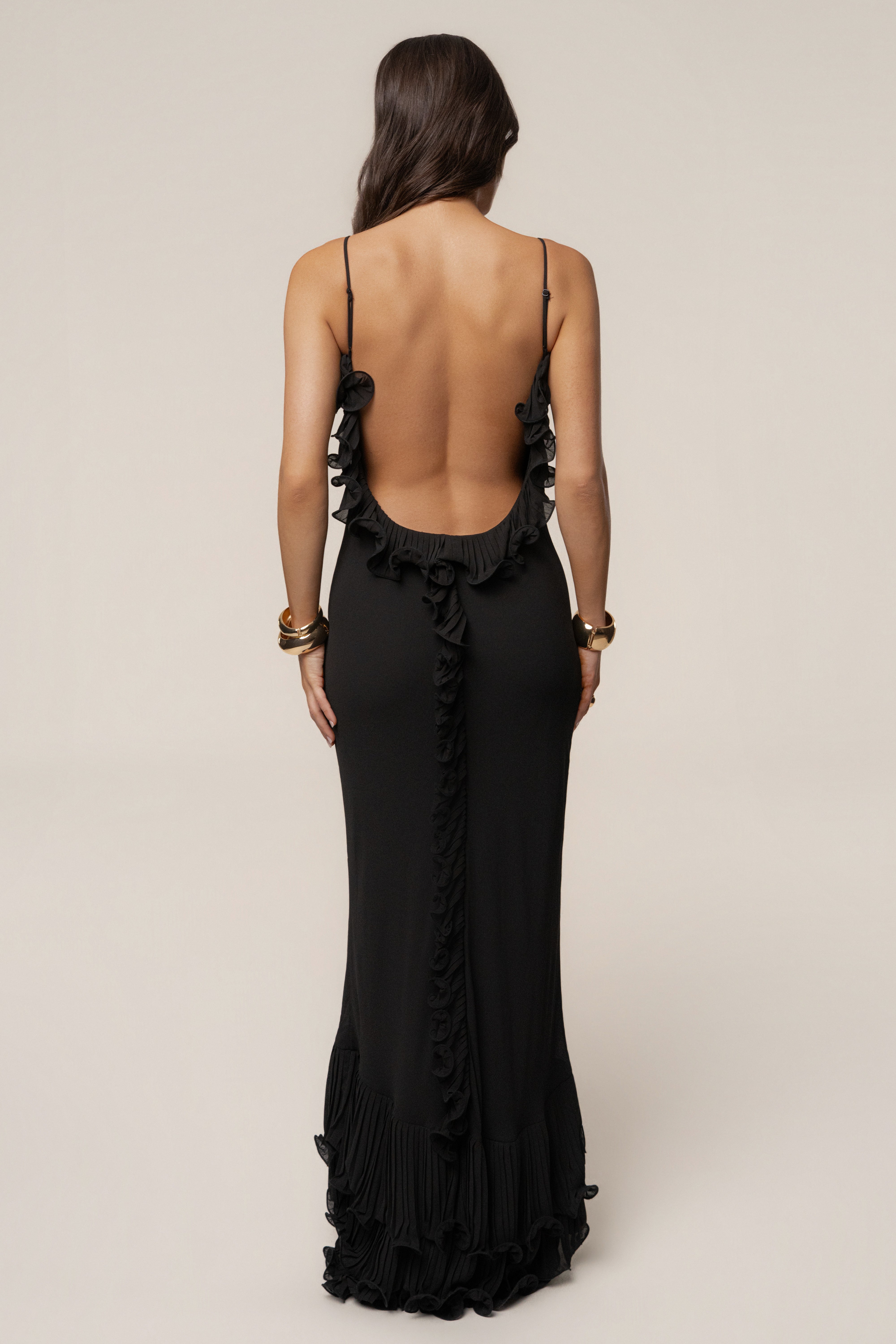 Black Midnight Muse Maxi Gown dress by JLUXLABEL featuring a flowing silhouette and elegant design.