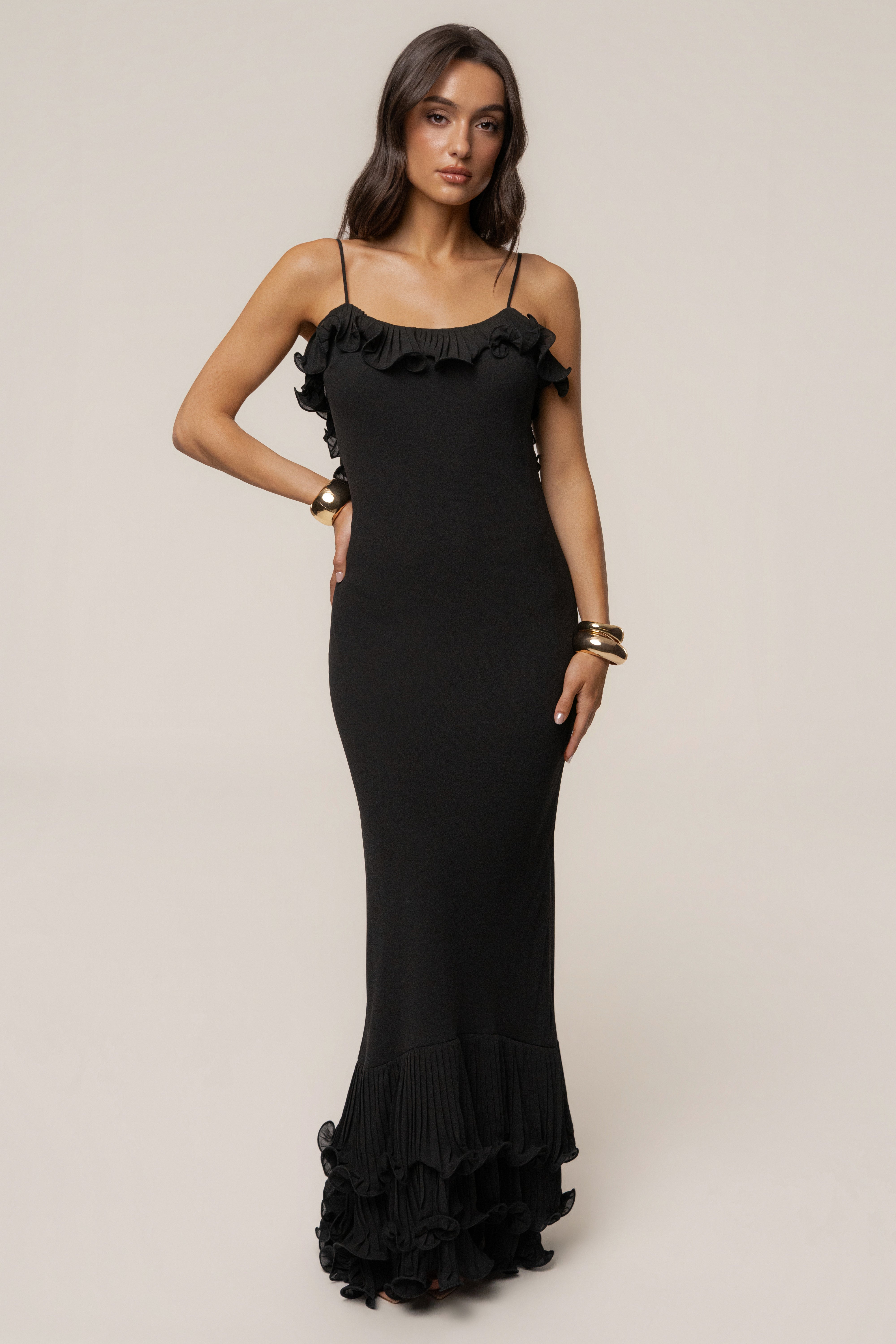 Black Midnight Muse Maxi Gown dress from JLUXLABEL featuring a flowing silhouette and elegant design.
