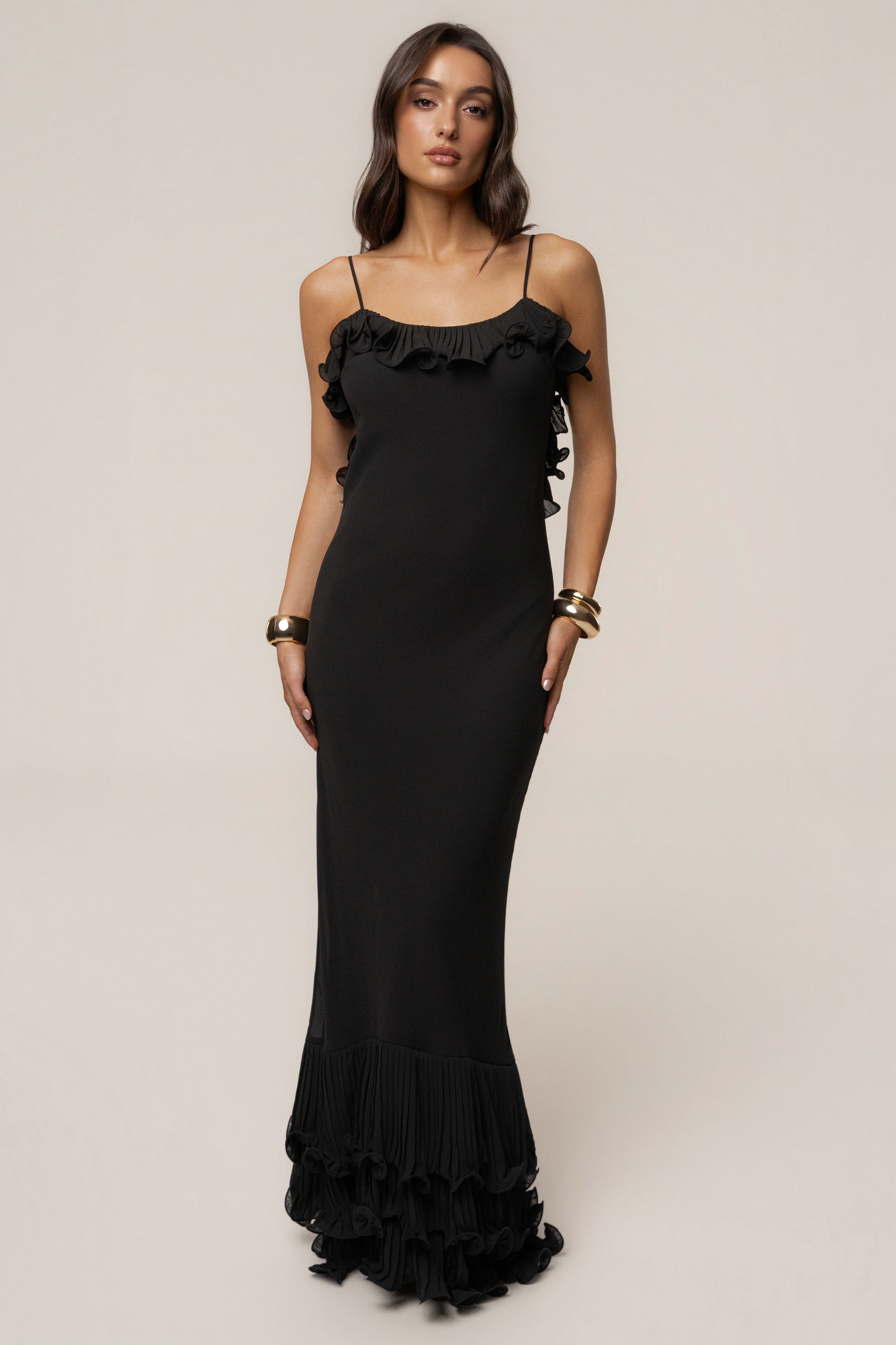 Black Midnight Muse maxi gown by JLUXLABEL, elegant evening dress with flowing fabric and intricate design details.