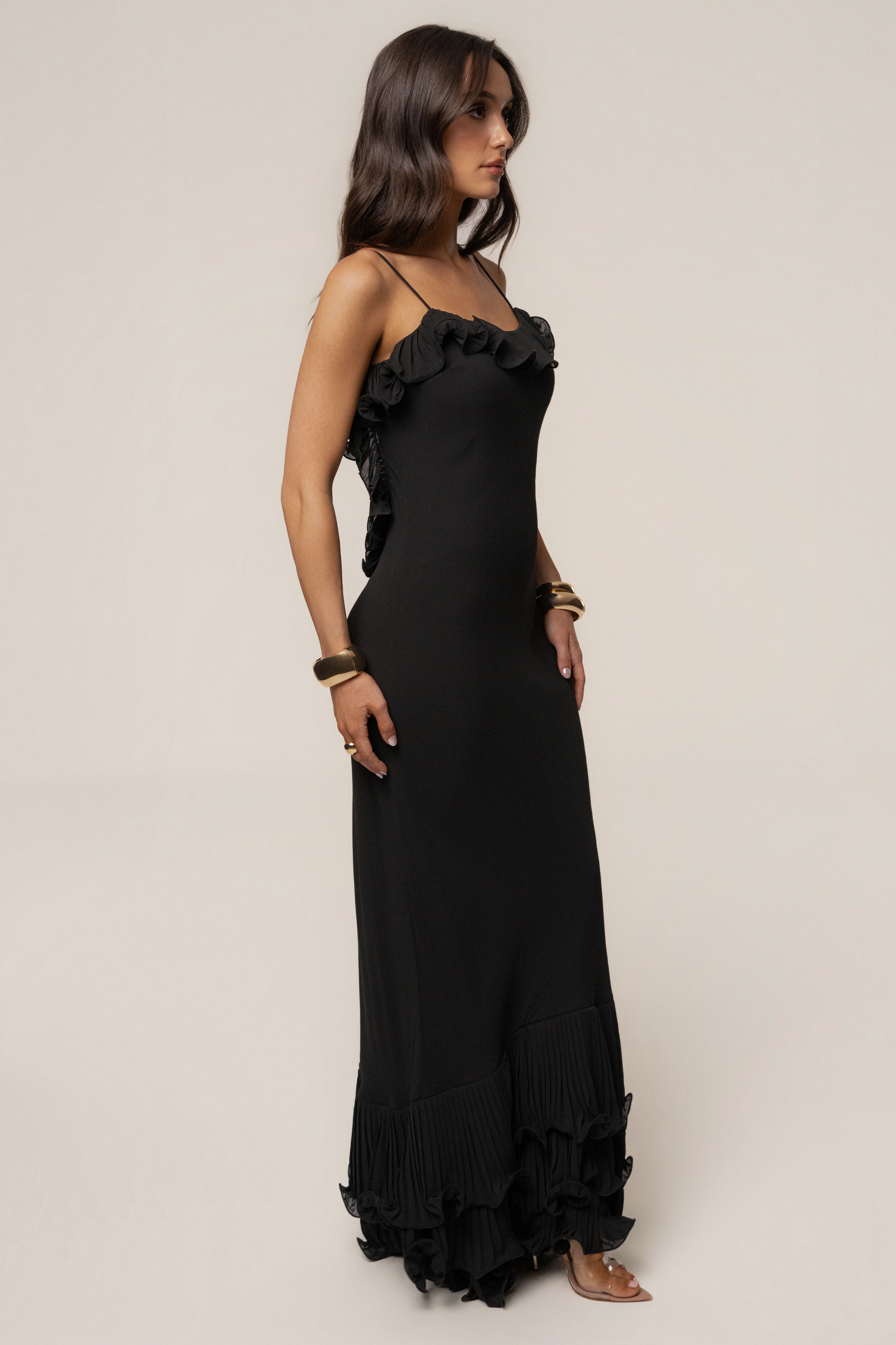 Black Midnight Muse maxi gown by JLUXLABEL, elegant dresses with flowing fabric and sophisticated design.