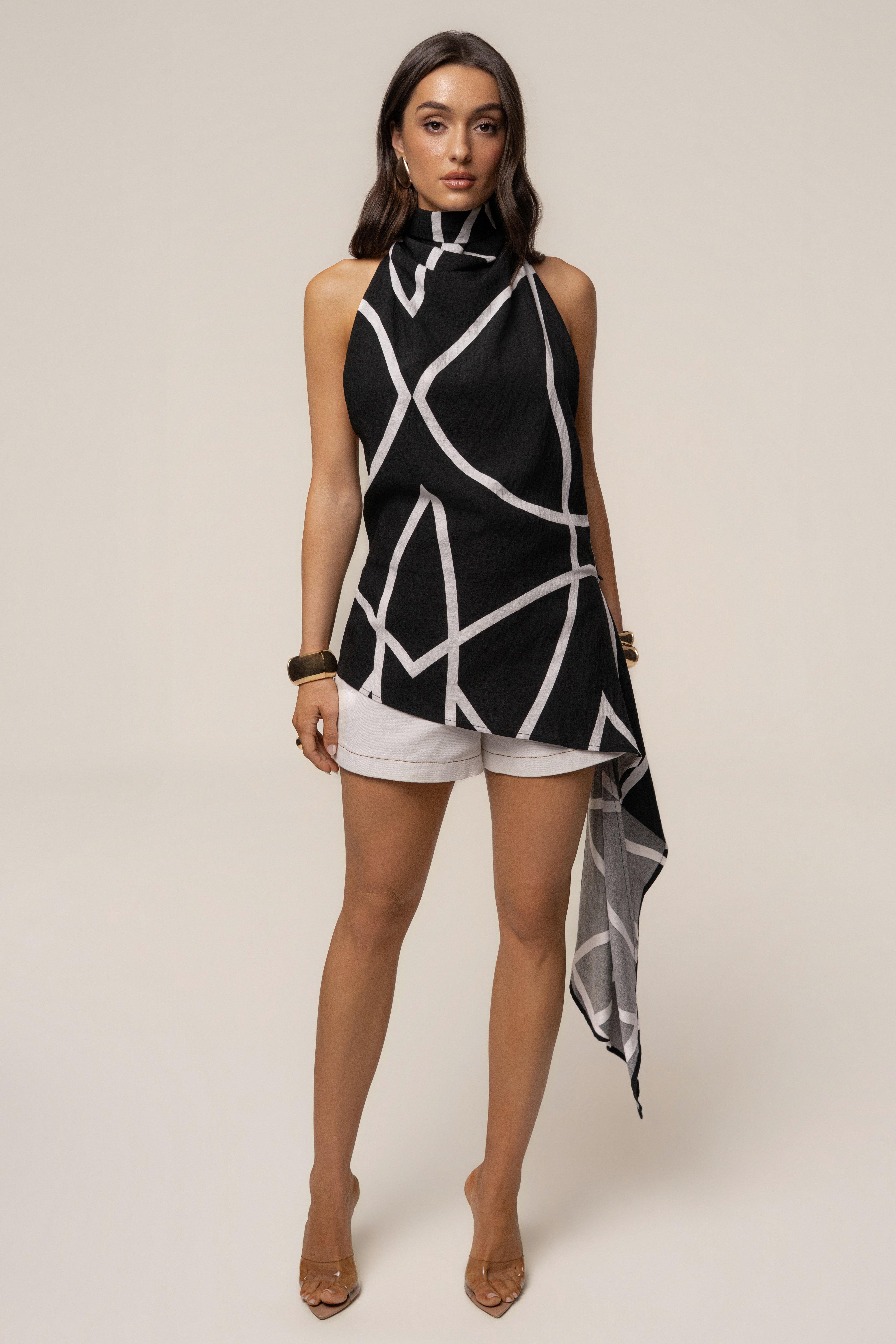 Black abstract Roselle satin blouse by JLUXLABEL, stylish tops with a sleek satin finish and modern abstract design.