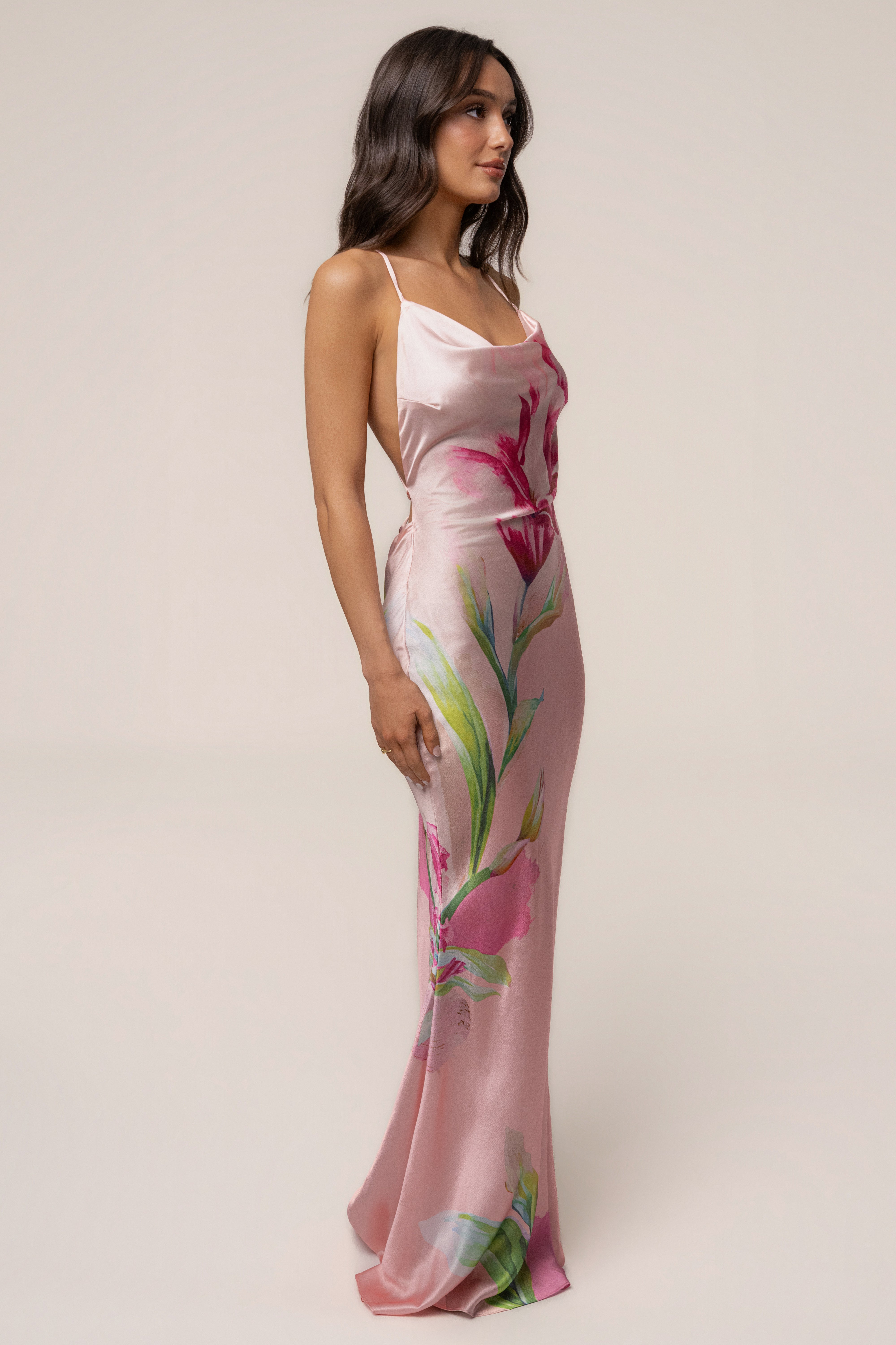 Light Pink Satin Floral Print Maxi Dress Light Pink Satin Floral Print Maxi Dress