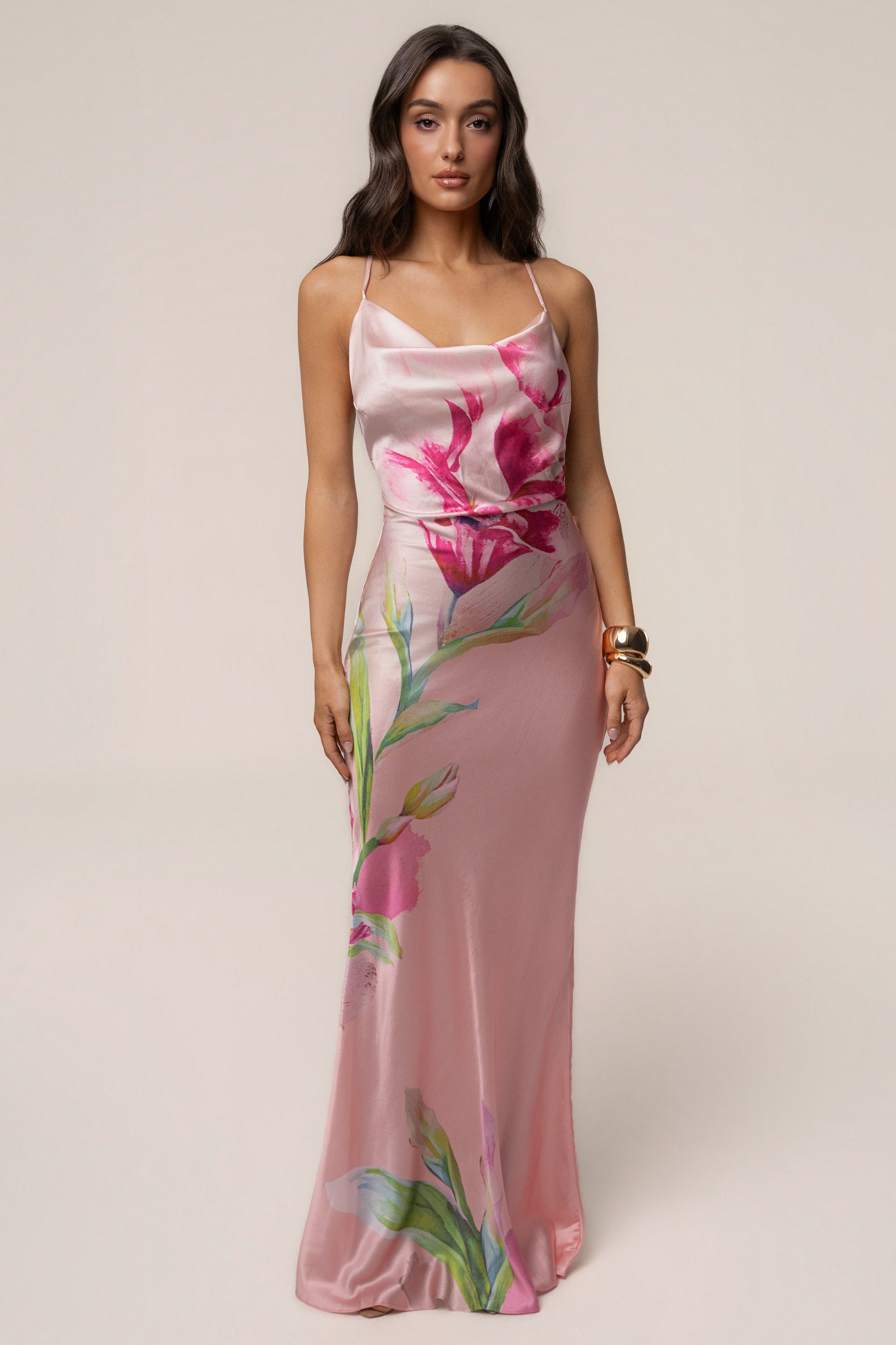 Light Pink Satin Floral Print Maxi Dress