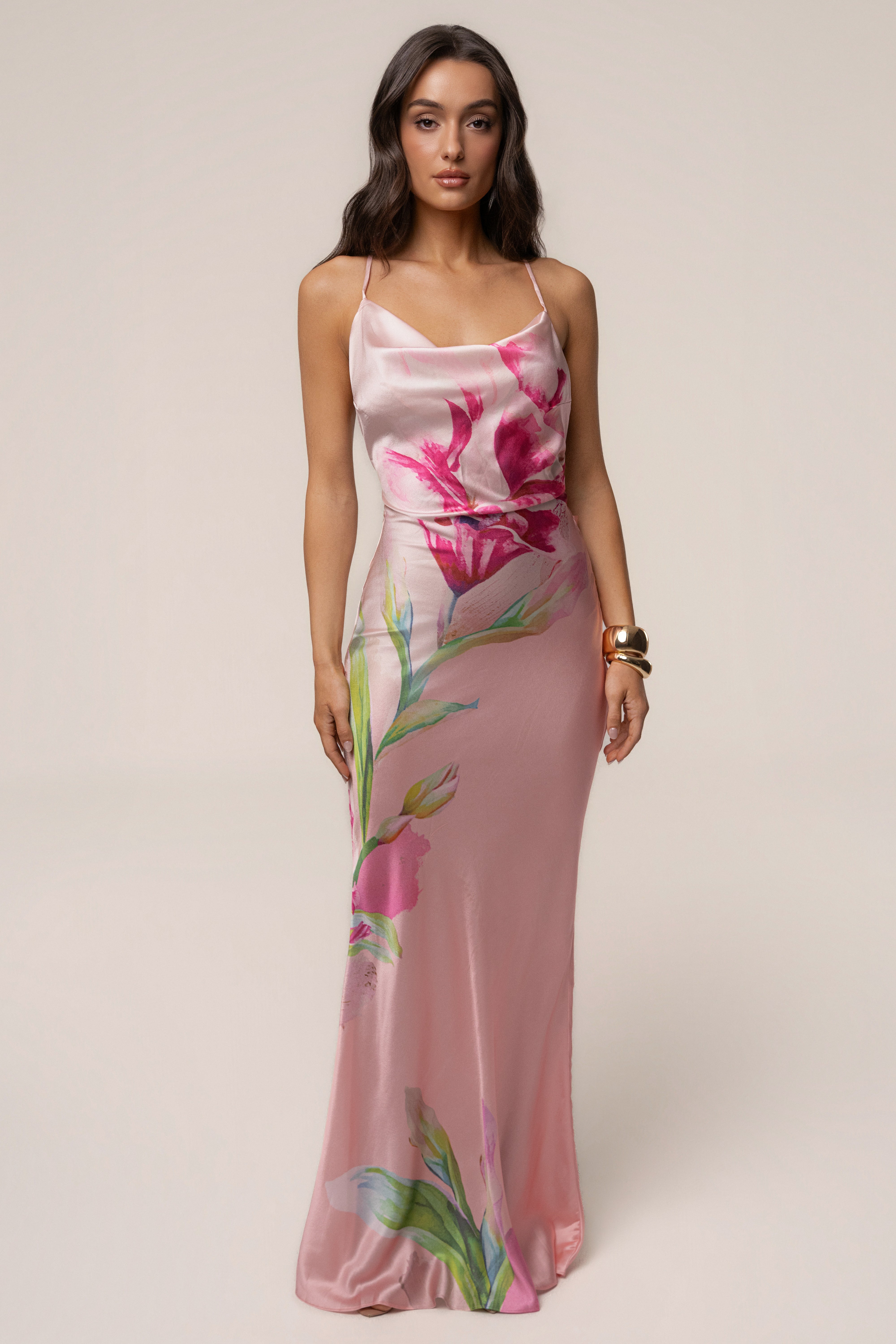 Light Pink Satin Floral Print Maxi Dress Light Pink Satin Floral Print Maxi Dress