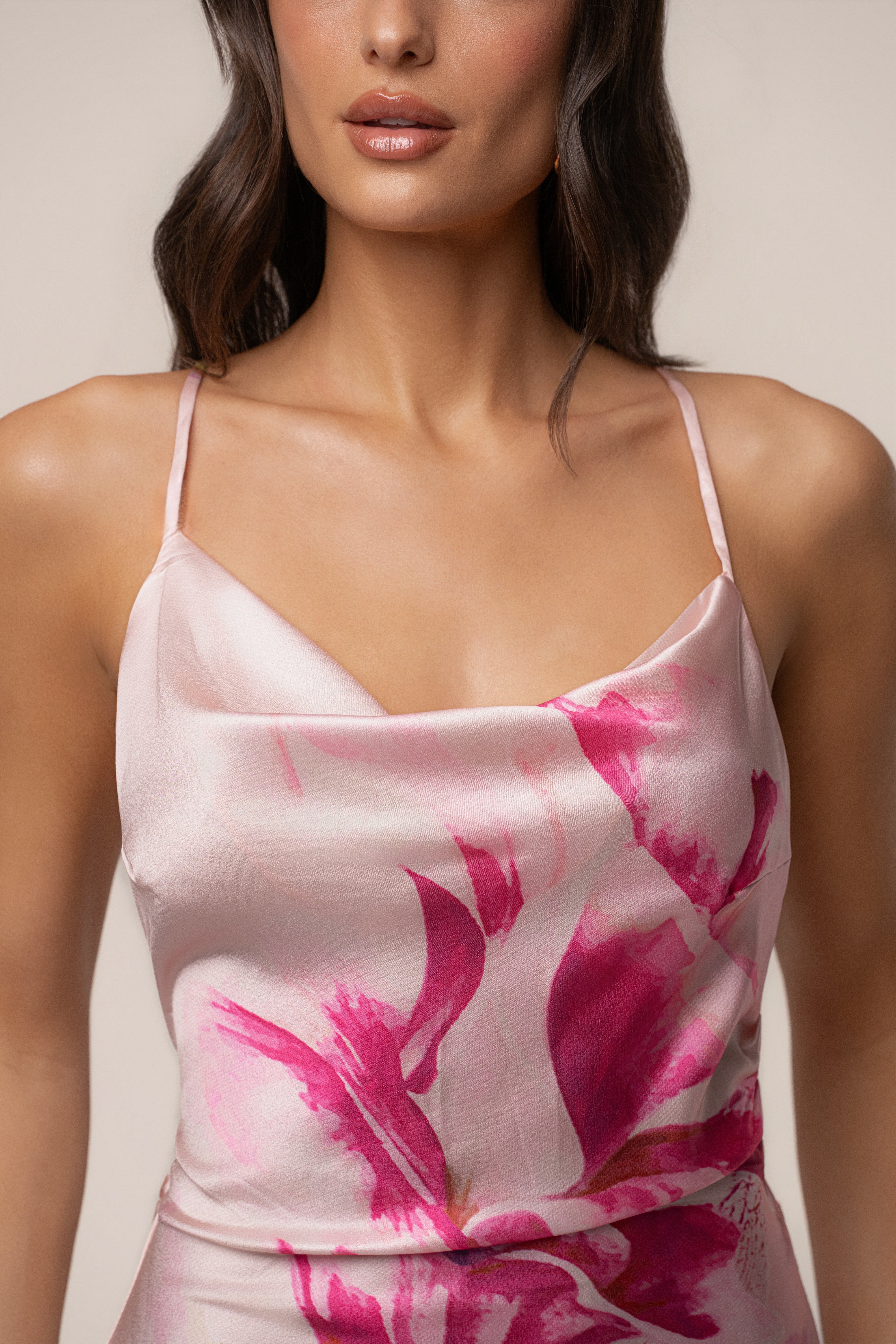 Light Pink Satin Floral Print Maxi Dress - JLUXLABEL