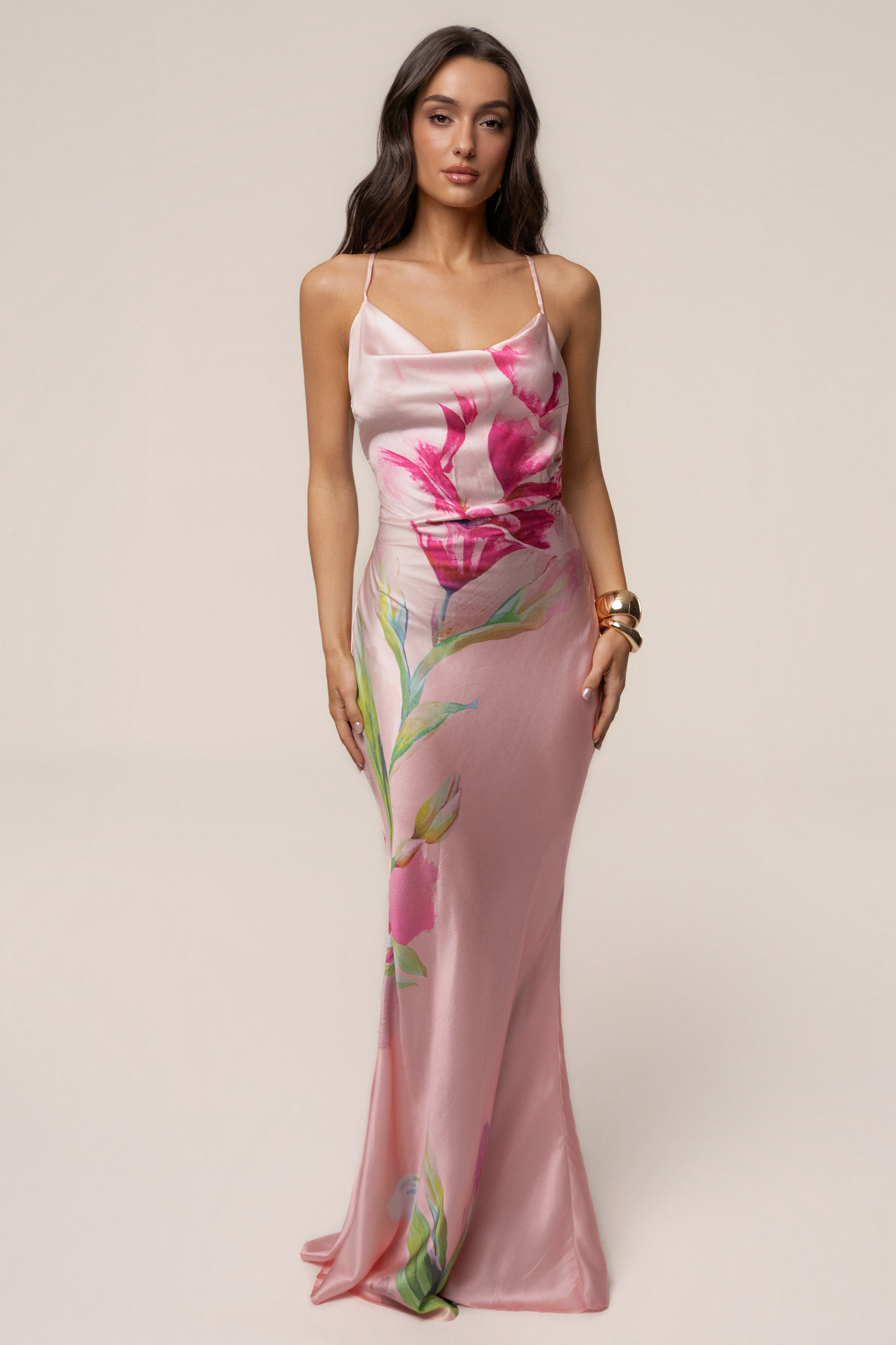 Light Pink Satin Floral Print Maxi Dress