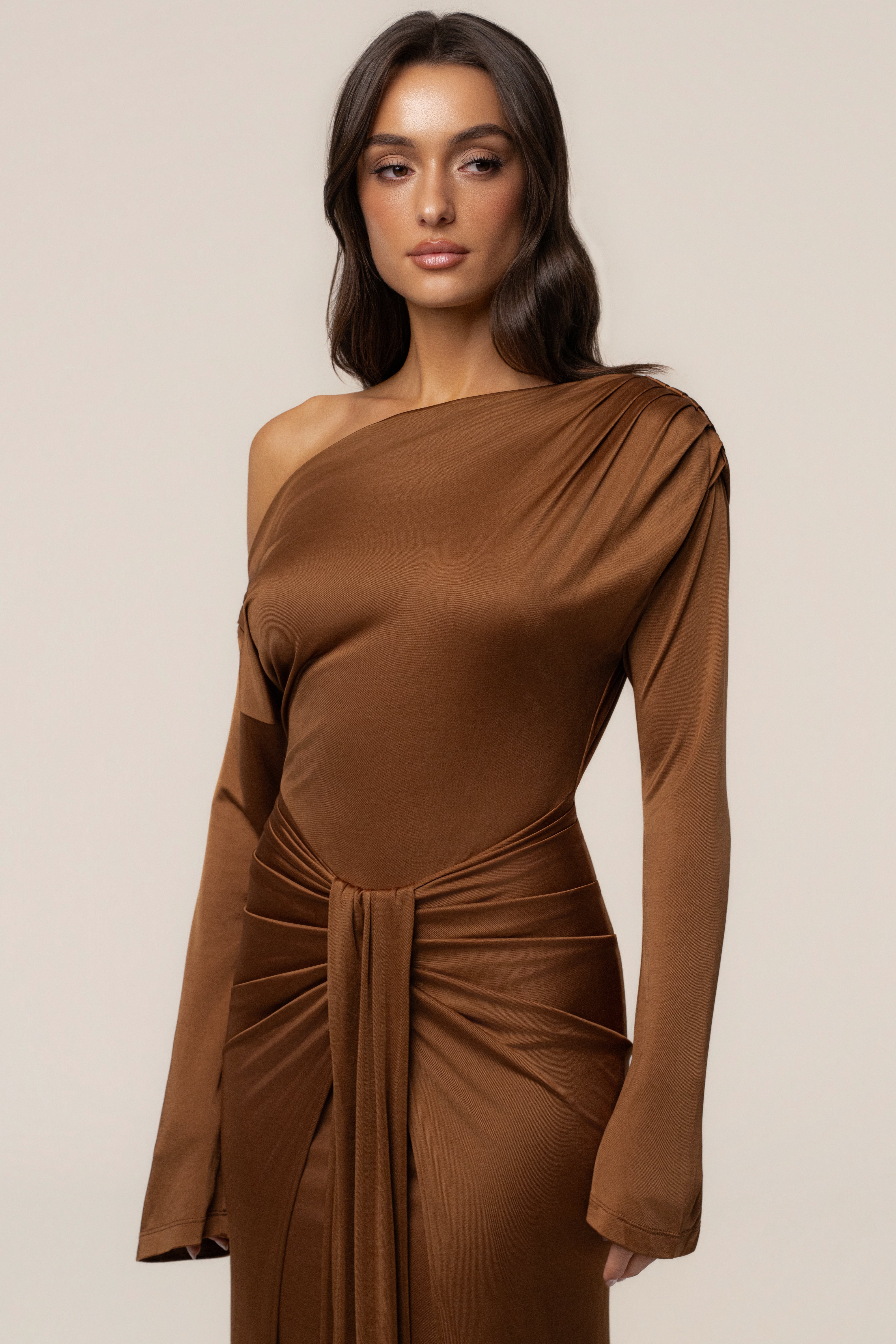 Tan Draped Perfection Maxi Dress - JLUXLABEL