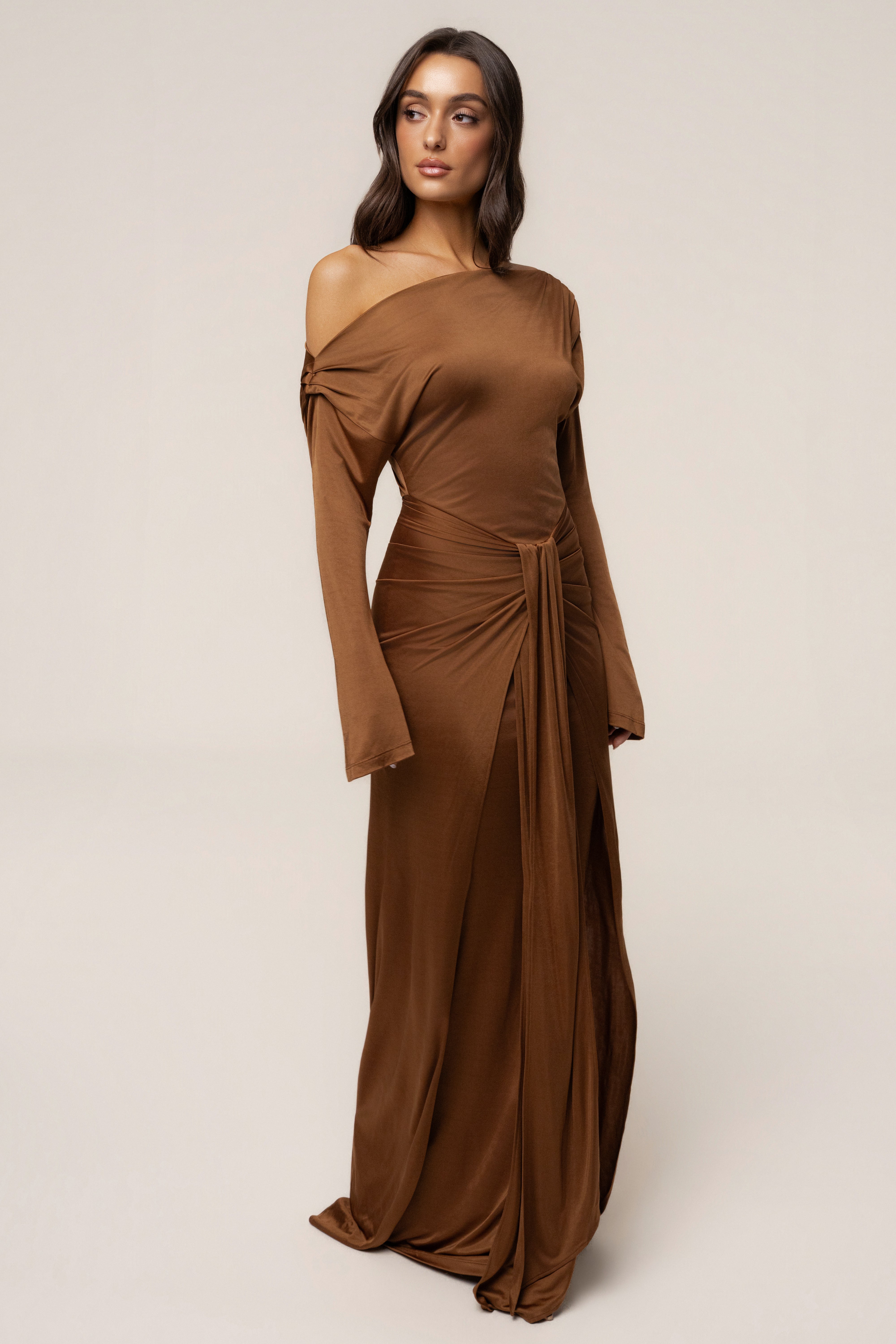 Tan Draped Perfection Maxi Dress - JLUXLABEL
