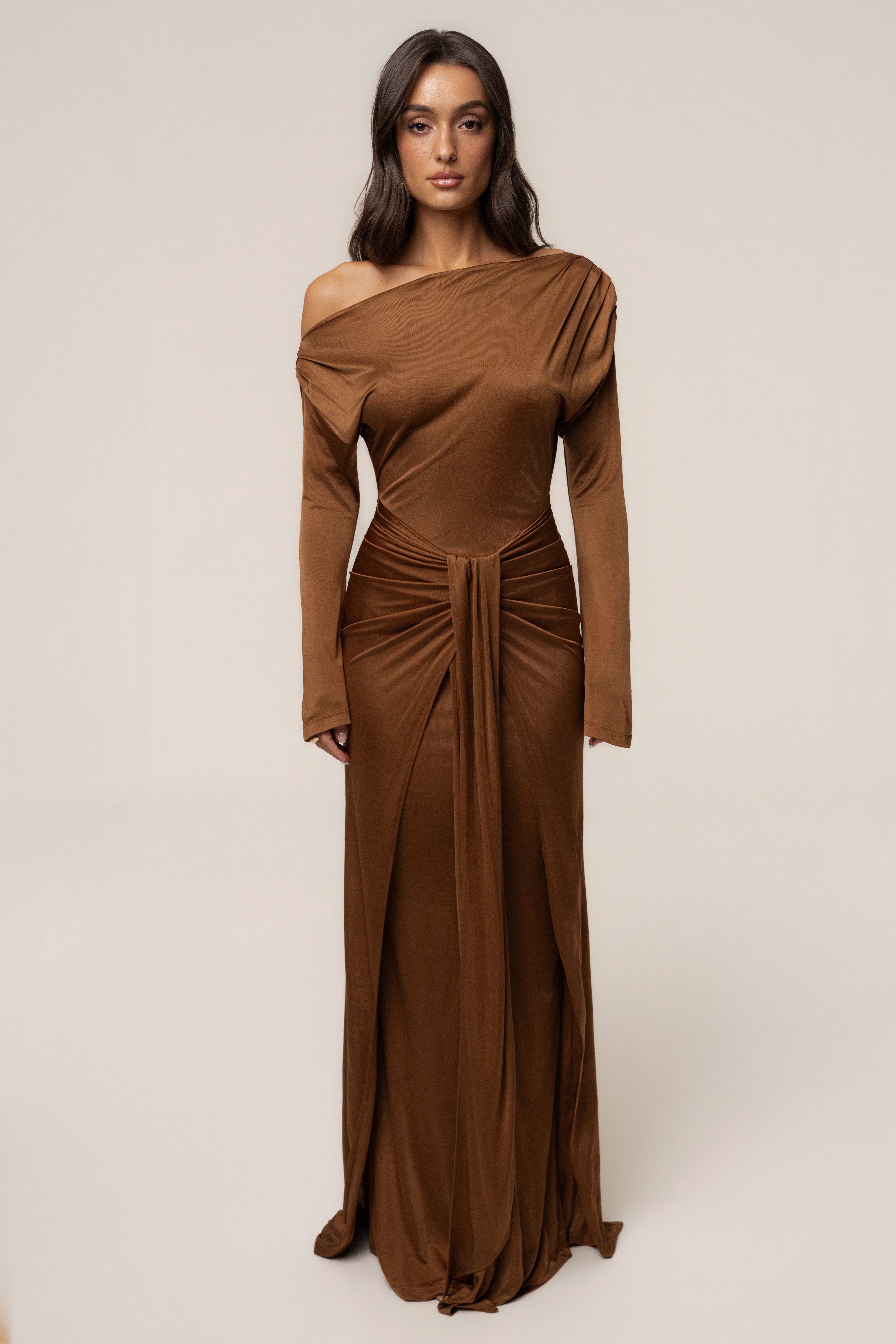 Tan Draped Perfection Maxi Dress - JLUXLABEL