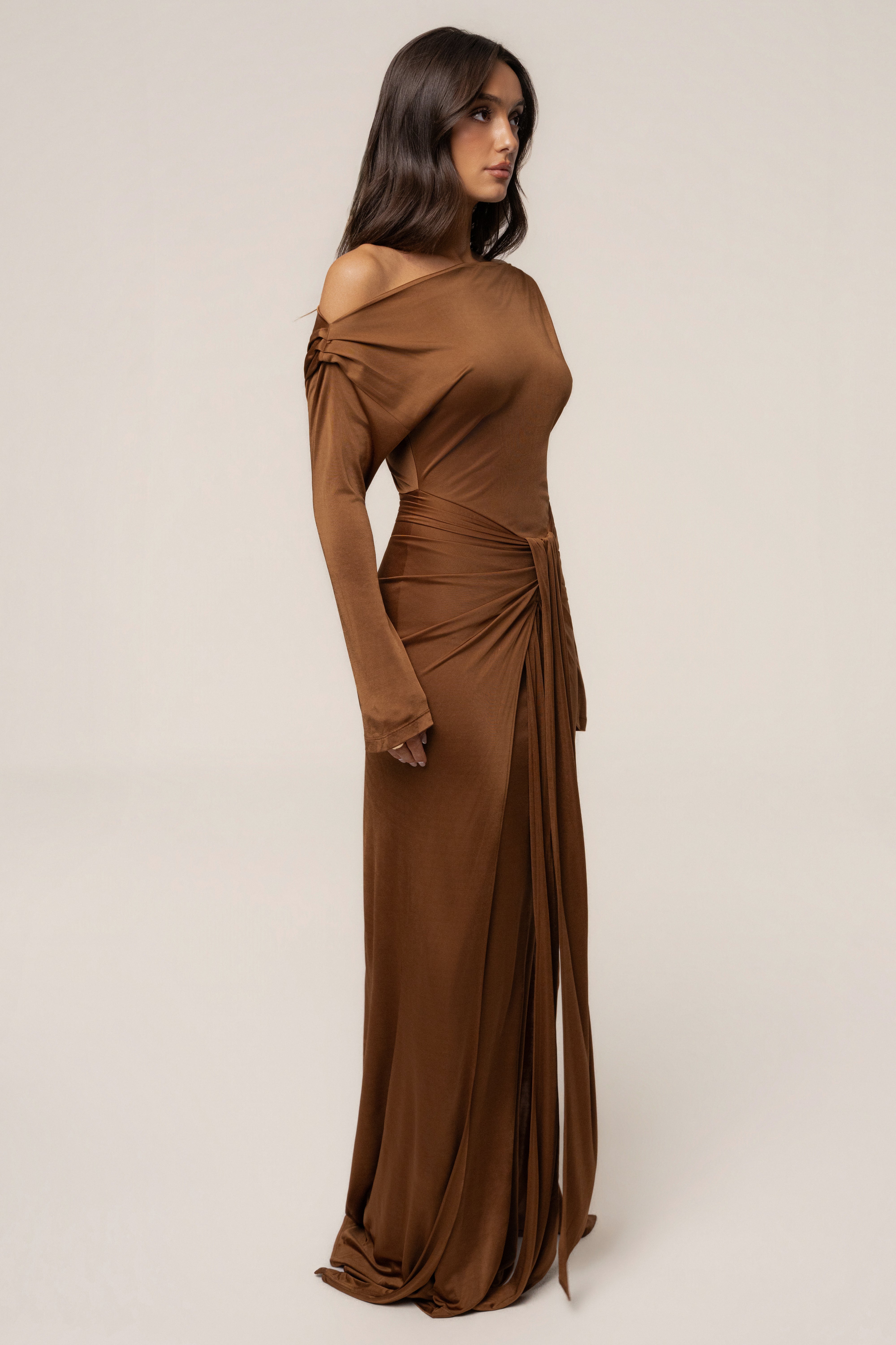 Tan Draped Perfection Maxi Dress - JLUXLABEL